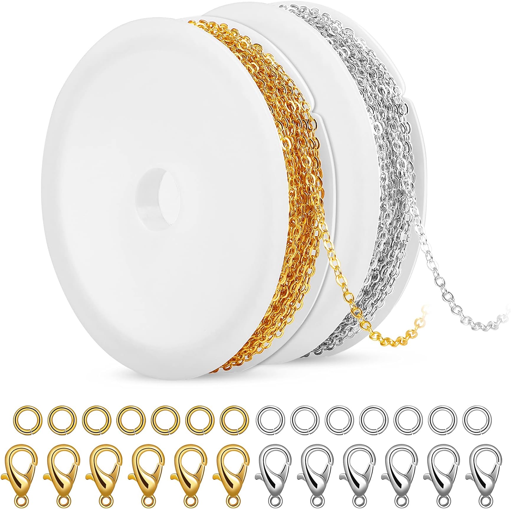 SANNIX 20 Feet Necklace Chains 1.8mm Jewelry Making Chains for Necklace Earring Bracelet Jewelry Making Supplies, Metal Chain Necklace with Lobster Clasps and Jump Rings for DIY Craft, Silver & Gold