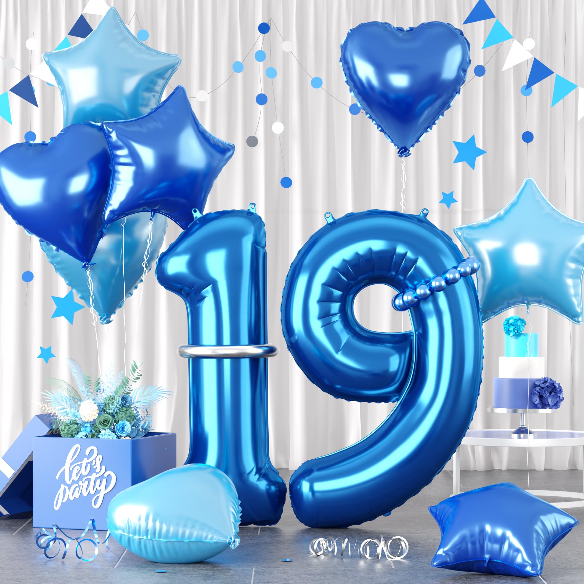 Blue Number 19 Balloons, Dark Blue Number 19 19th Balloons, Blue Foil Star Heart Balloon With Long Balloon For Boys man 19th 9th Birthday Party 1st