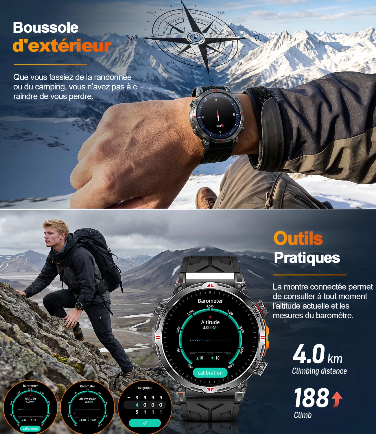 Montre Connectée Homme GPS Intégré, Boussole, Altimètre, Baromètre, 1.6" AMOLED Montre Connectée avec Appels Bluetooth, Suivi Santé, 100+ Sportifs, Podomètre, Montre Sport Homme Android iOS | Appels Bluetooth, Notifications, 100+ Modes Sportifs, Boussole,