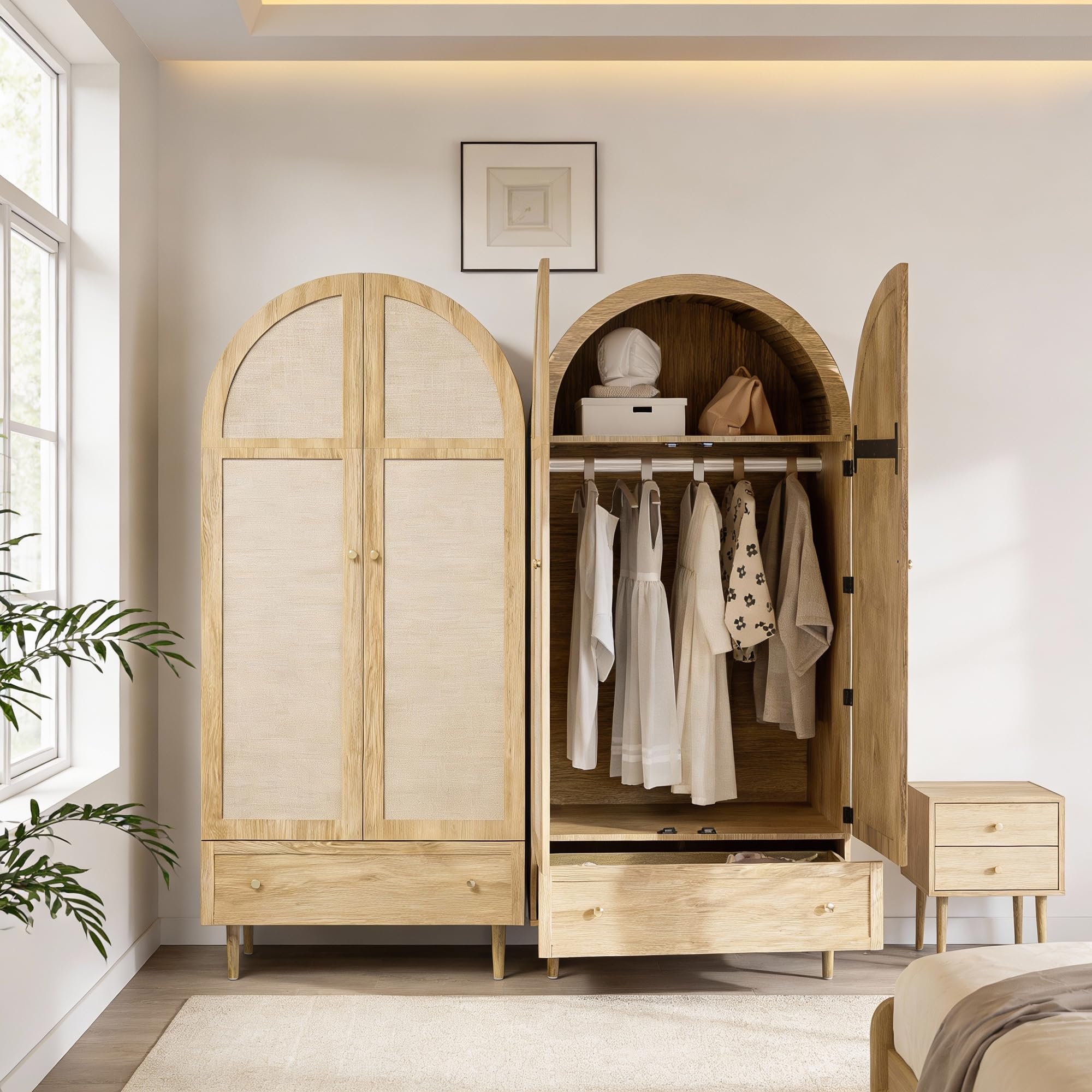 Armoire De Chambre, Armoire en Rotin à 2 Portes avec Grand Tiroir, éTagèRes RéGlables en Hauteur Et Tringle à VêTements, Anti-Basculement 175 X 80 X 50Cm, Chêne