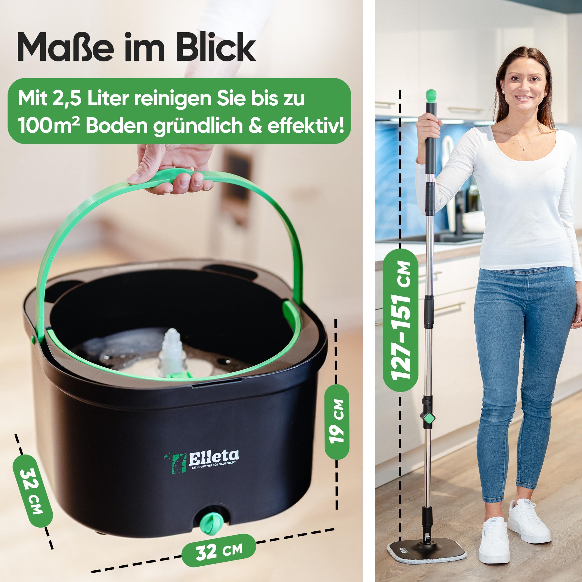 Wischmopp Set mit Eimer - 360° drehbarer Wischer für den Boden, Bodenwischer Mop Set & Wischeimer | Innovative Mikrofaser-Pads als Staub- & Schmutzmagnet, Wischmop & Putzeimer mit 2-Kammer-System
