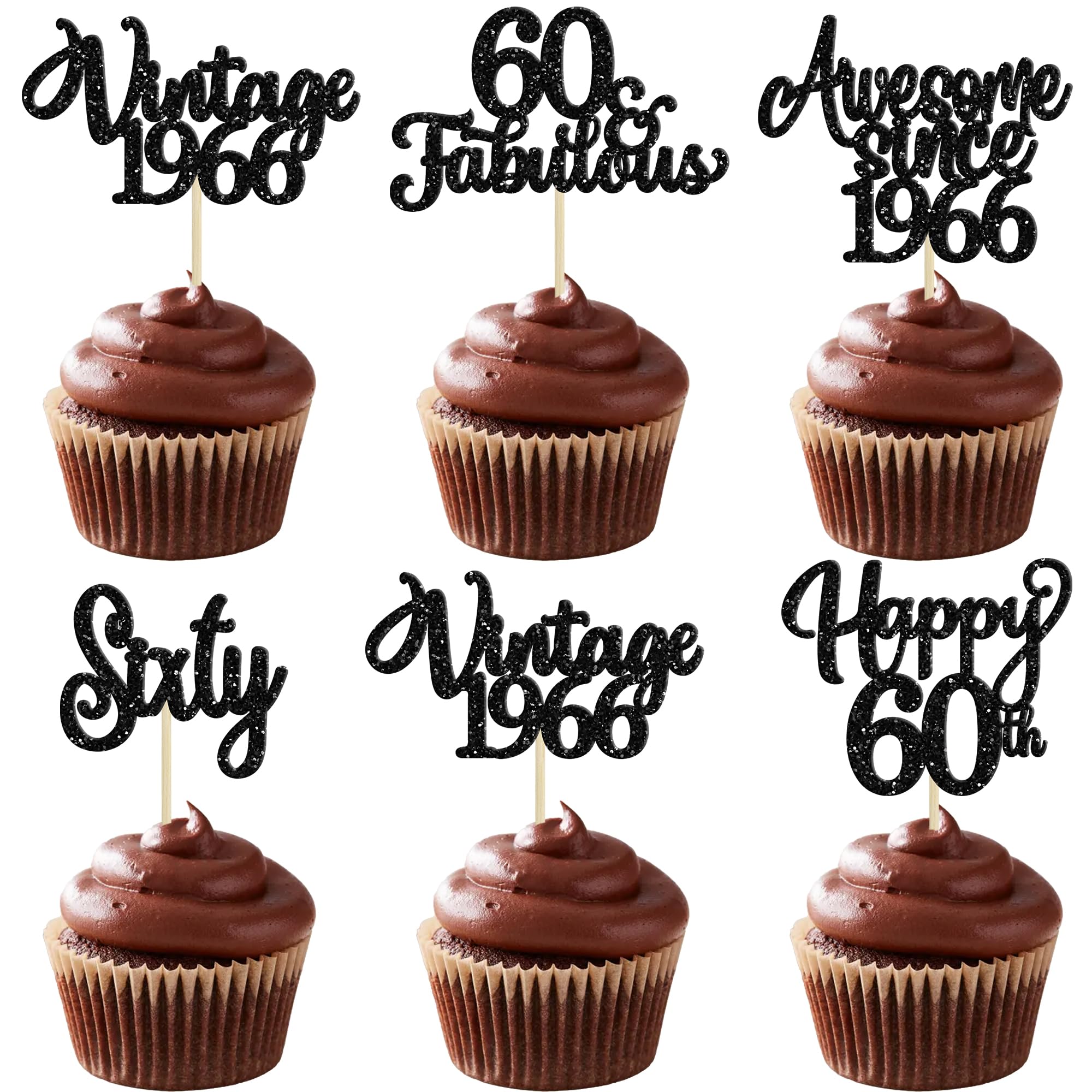 30Pcs Happy 60th Birthday Cupcake Toppers Glitter Sixty Vintage 1966 Cupcake Picks Cheers to 60 Fabulous Cake Decorations for 60th Birthday Wedding