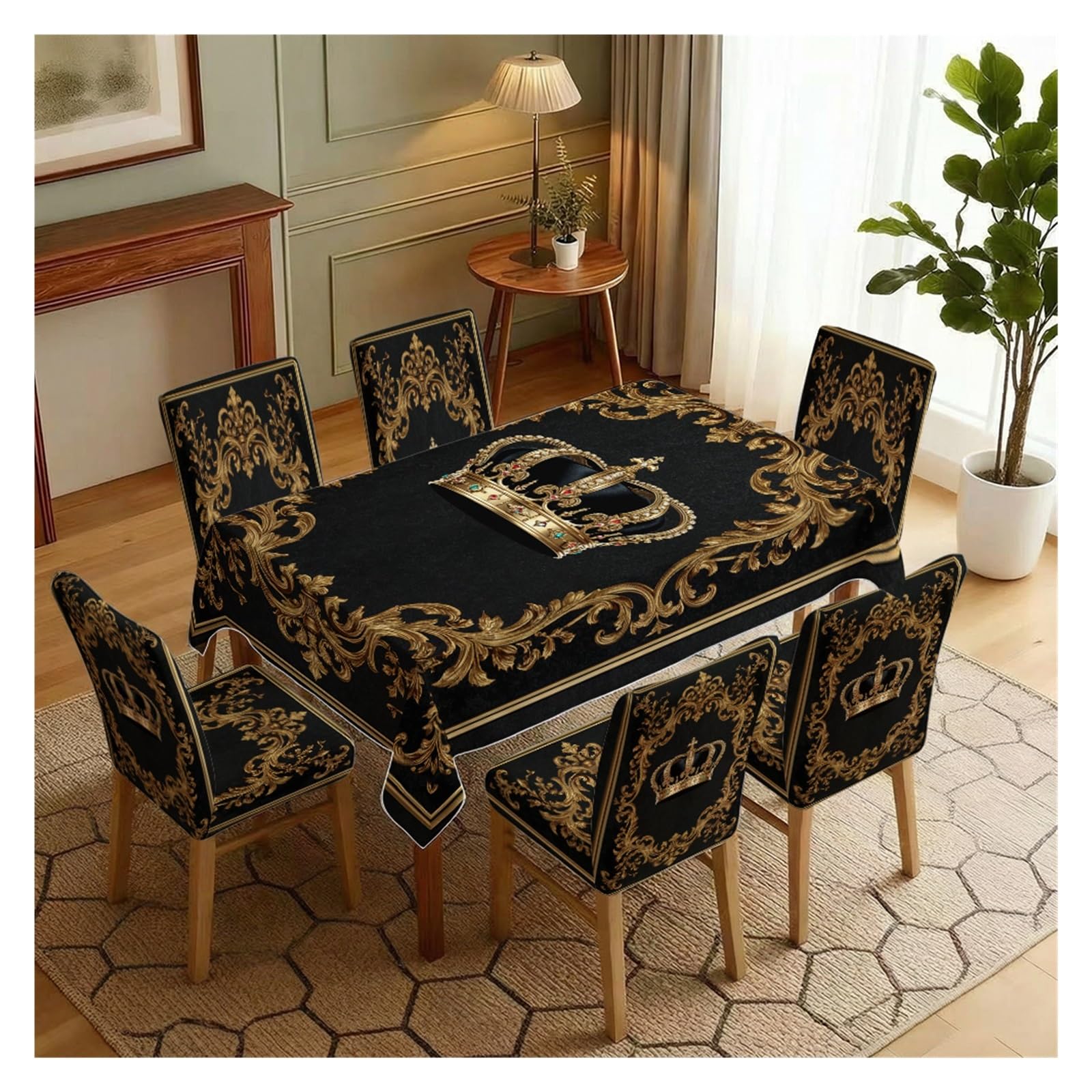 BOSUYBN Black Gold Baroque Crown Dining Chair Covers & Tablecloth Set, 5/7 Piece Luxurious Slipcovers For Regal Home Decor Table Setting(7pcs Set: Tablecloth+Chair Covers)