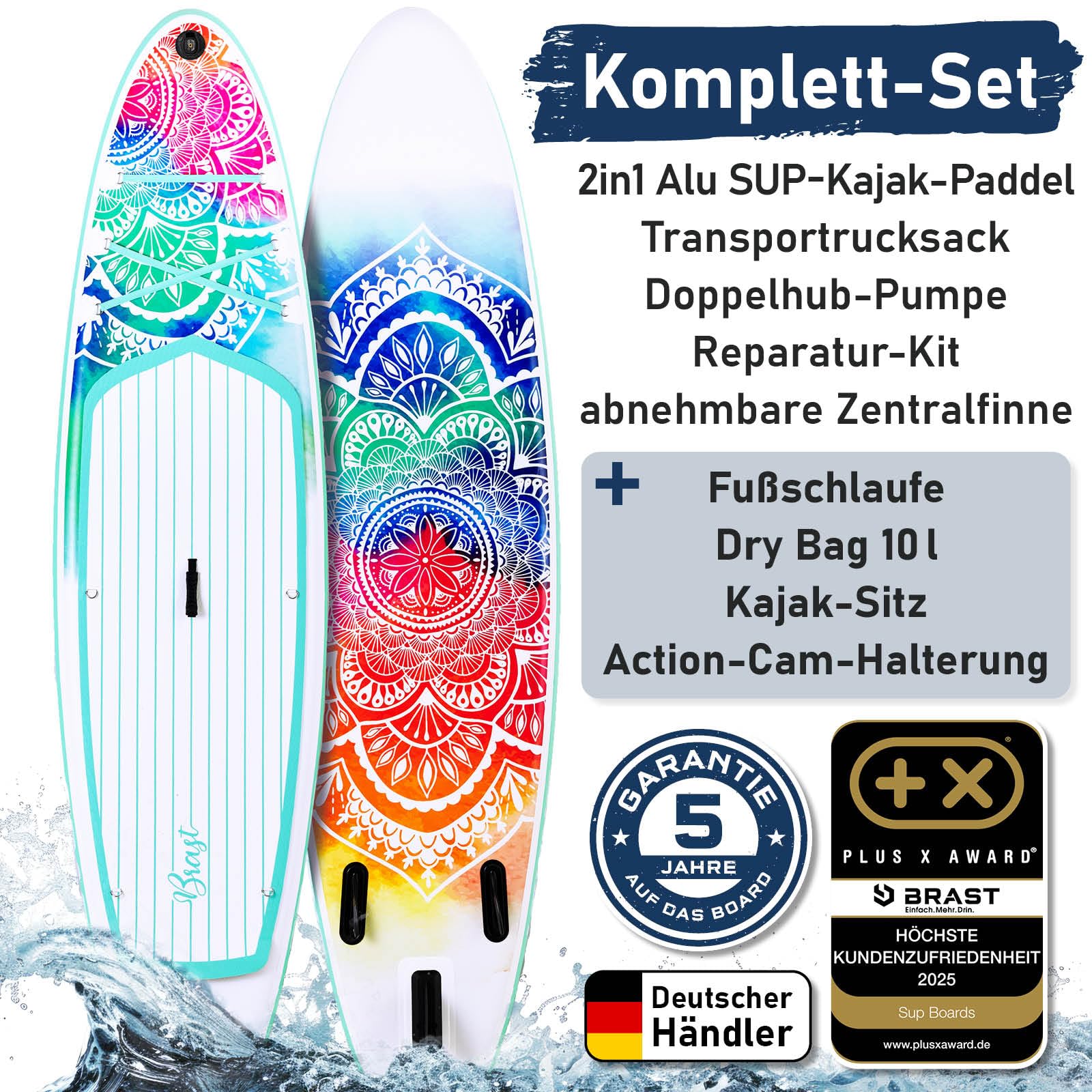BRAST SUP Board Lady | Aufblasbares Stand up Paddle Set für Frauen | 300cm viele Modelle | inkl. Sonderzubehör | 2in1 Paddel Kajak-Sitz Action-Cam-Halterung Fußschlaufe Pumpe Rucksack