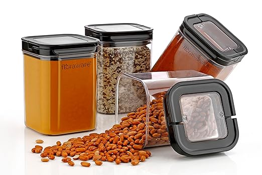 Food Safe Plastic Multiuse Square Lock & Lock Airtight Container,Multipurpose Jar, Grocery Container 1150ml, Set 4, BPA Free, Black