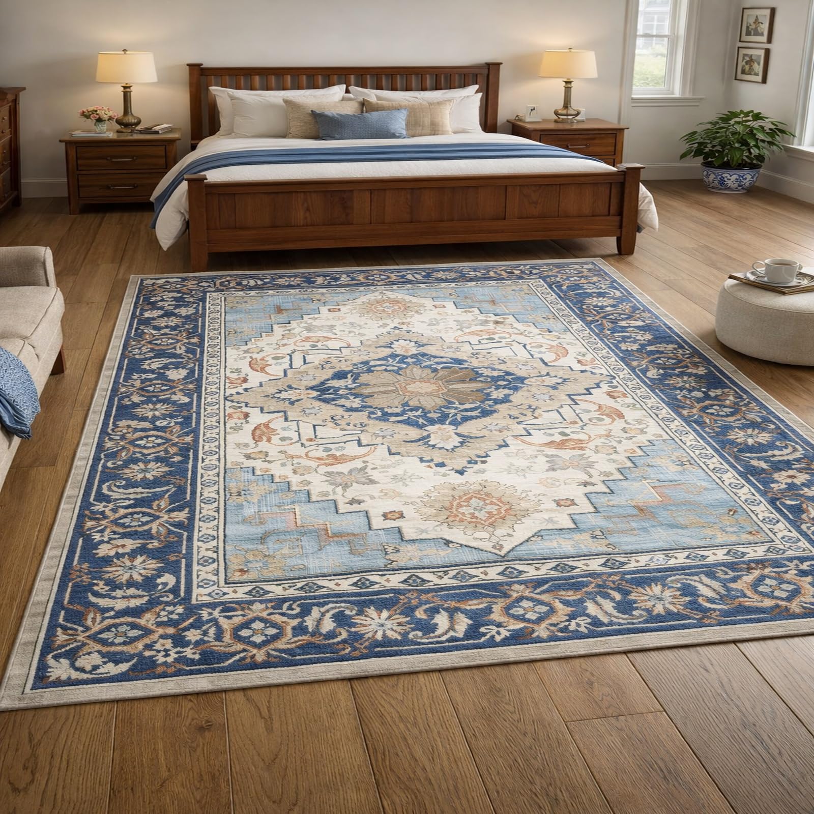 Tapis floral vintage 70x120 cm bleu et orange lavable pour salon et couloir
