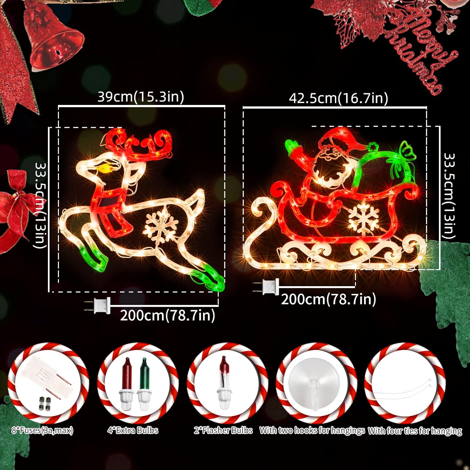 50L16'' 2 Pack Christmas Window Silhouette Lights DecorationsChristmas Sculpture,Including: Reindeer x1,Santa in Sleigh x1