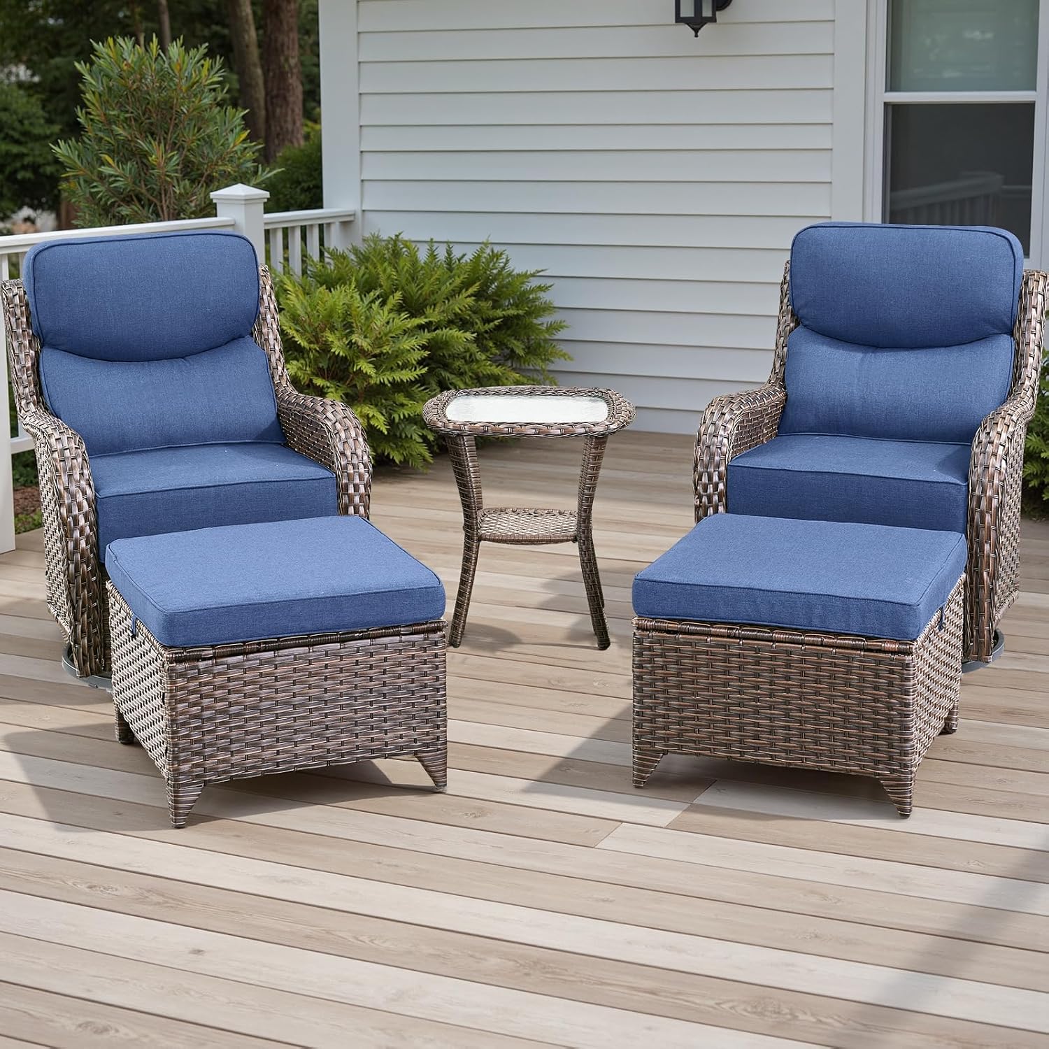 Rilyson Wicker Outdoor Patio Furniture Set - 5 Piece Patio Conversation Sets with Swivel Rocker Chairs, Ottomans and Side Table, 6 inch Cushions, Waterproof Wicker, for Porch Deck Brown/Blue