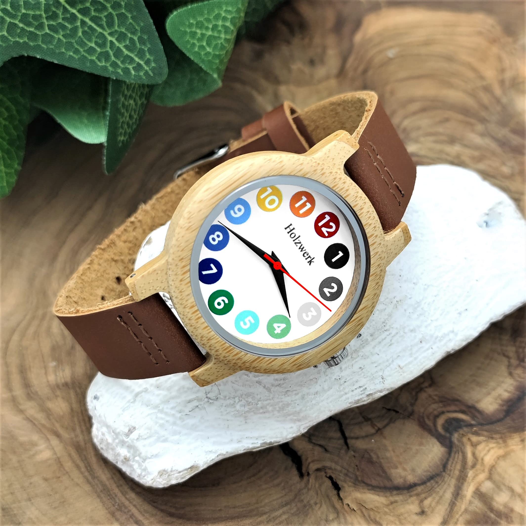 Holzwerk Germany® Mädchen-Uhr Kinder-Uhr Jungen-Uhr Öko Natur Holz-Uhr Lern-Uhr Leder Armband-Uhr Analog Klassisch Quarz-Uhr in Blau Schwarz Grün Rot Türkis Braun Weiß Bunt
