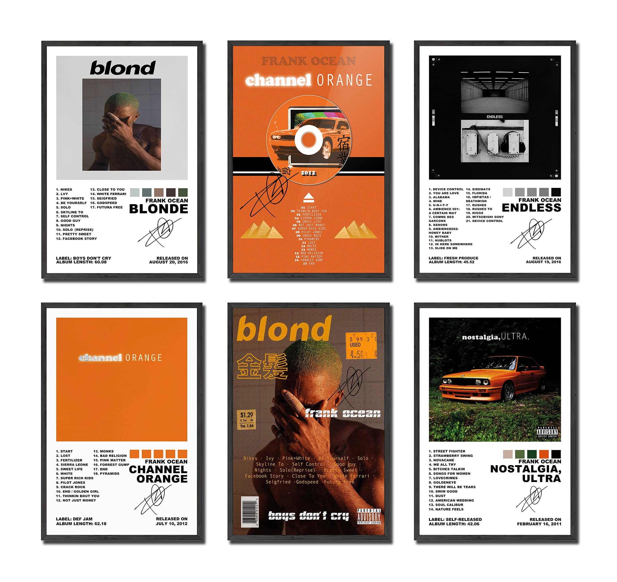 LOLIDE Frank Ocean Poster Set - 6 Piece Canvas Set Featuring Blonde, Channel Orange, Endless, and Nostalgia, Ultra Posters - Frameless Design for Modern Décor（8x12in）