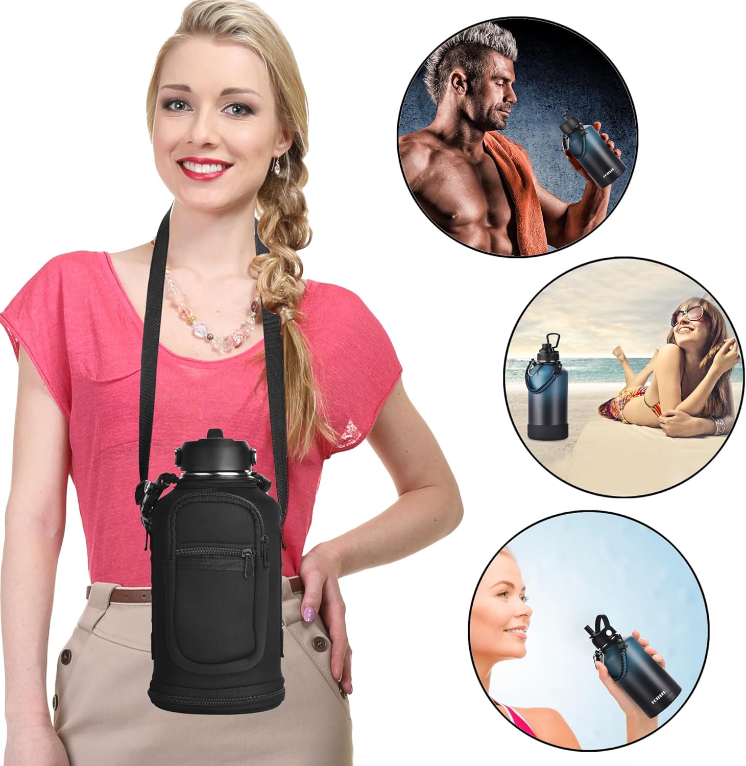 64oz Insulated Water Bottle with Paracord Handle &Carrier Bag &Silicone Boot,Half Gallon Double Wall Vacuum Stainless Steel Insulated Jug with Sleeve,Straw Spout Flip Lids, Leakproof Keep Cold & Hot - Image 5