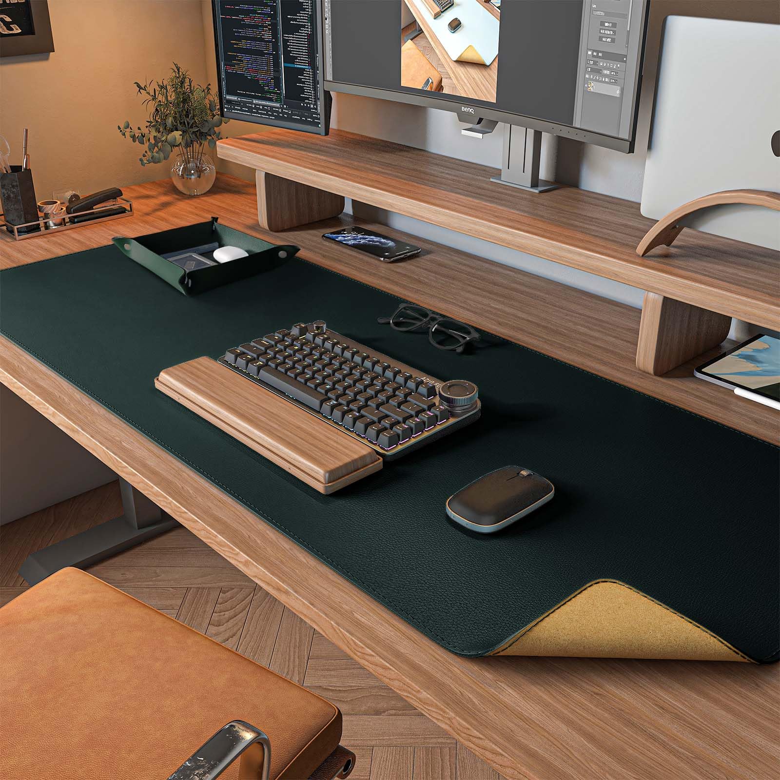 DAWNTREES Dark Green Desk Mat,Leather Desk Pad,40"x16",Cork Desk Mat Protector,with PU Leather Valet Tray Organizer,Large Mouse Pad,Desk Writing Pad