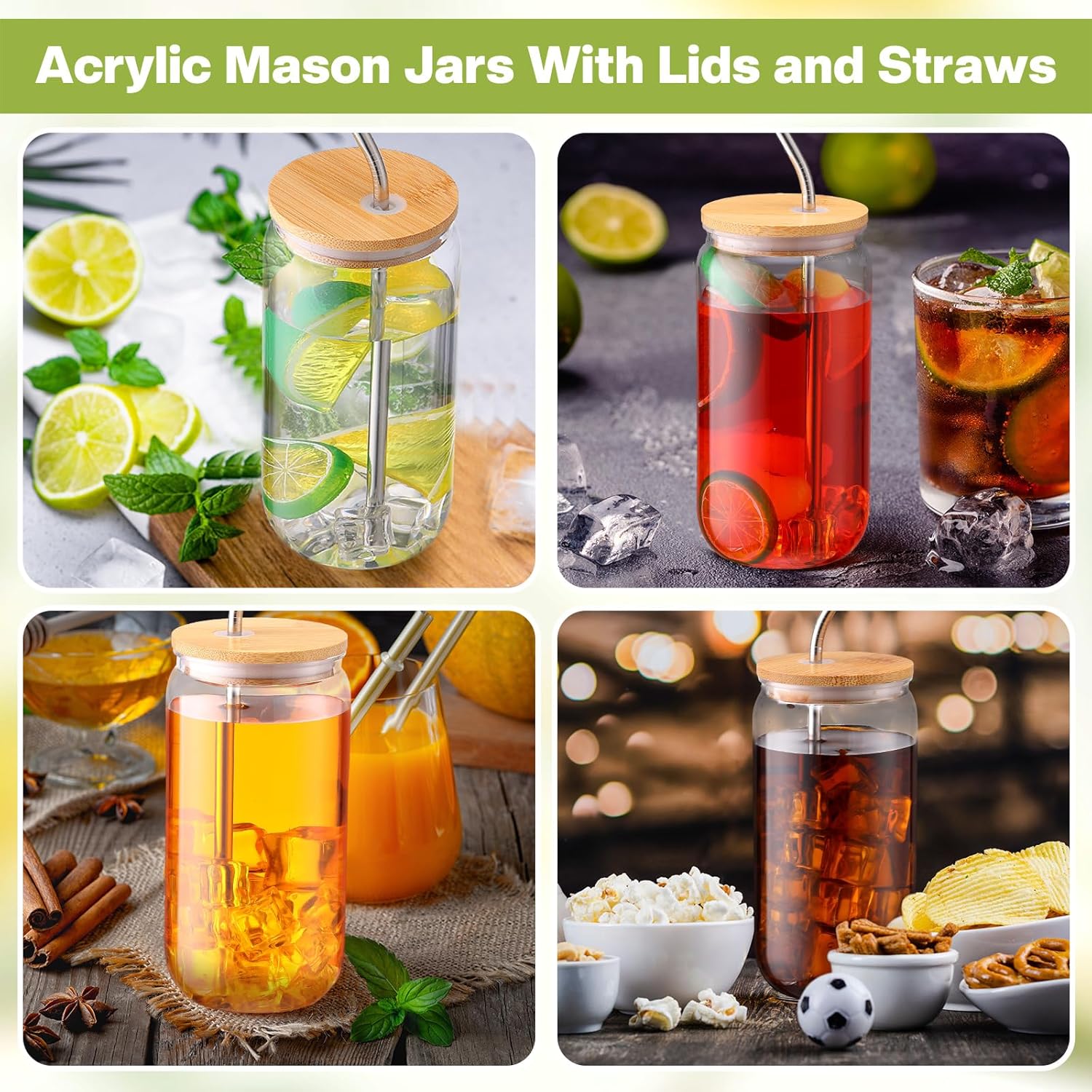 8 Pcs 16 oz Plastic Cups with Lids and Straws Acrylic Mason Jars with Bamboo Lids Mason Jar tumblers with Sticker and Diamond for DIY Decorate Mugs Drinking for Water Beverage Beer (Clear)