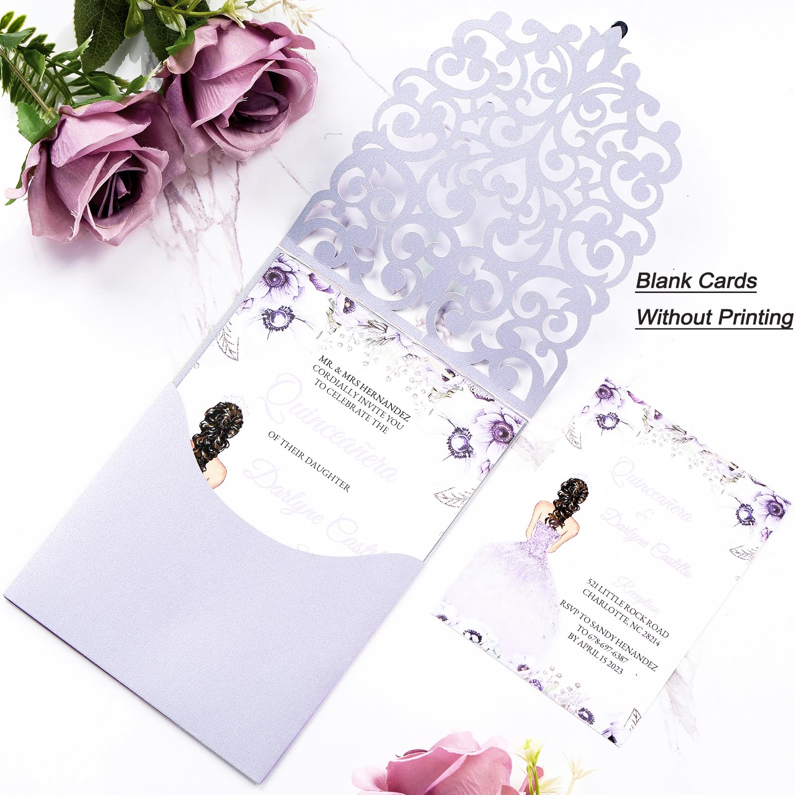 Blanko-Hochzeitseinladungen mit Umschlägen und Antwortkarten, Hellviolett, 50 Stück | Lasergeschnittene Einladungskarten, komplett blanko, für Hochzeit, Verlobung, Babyparty, Brautparty, Quinceanera Sweet 16