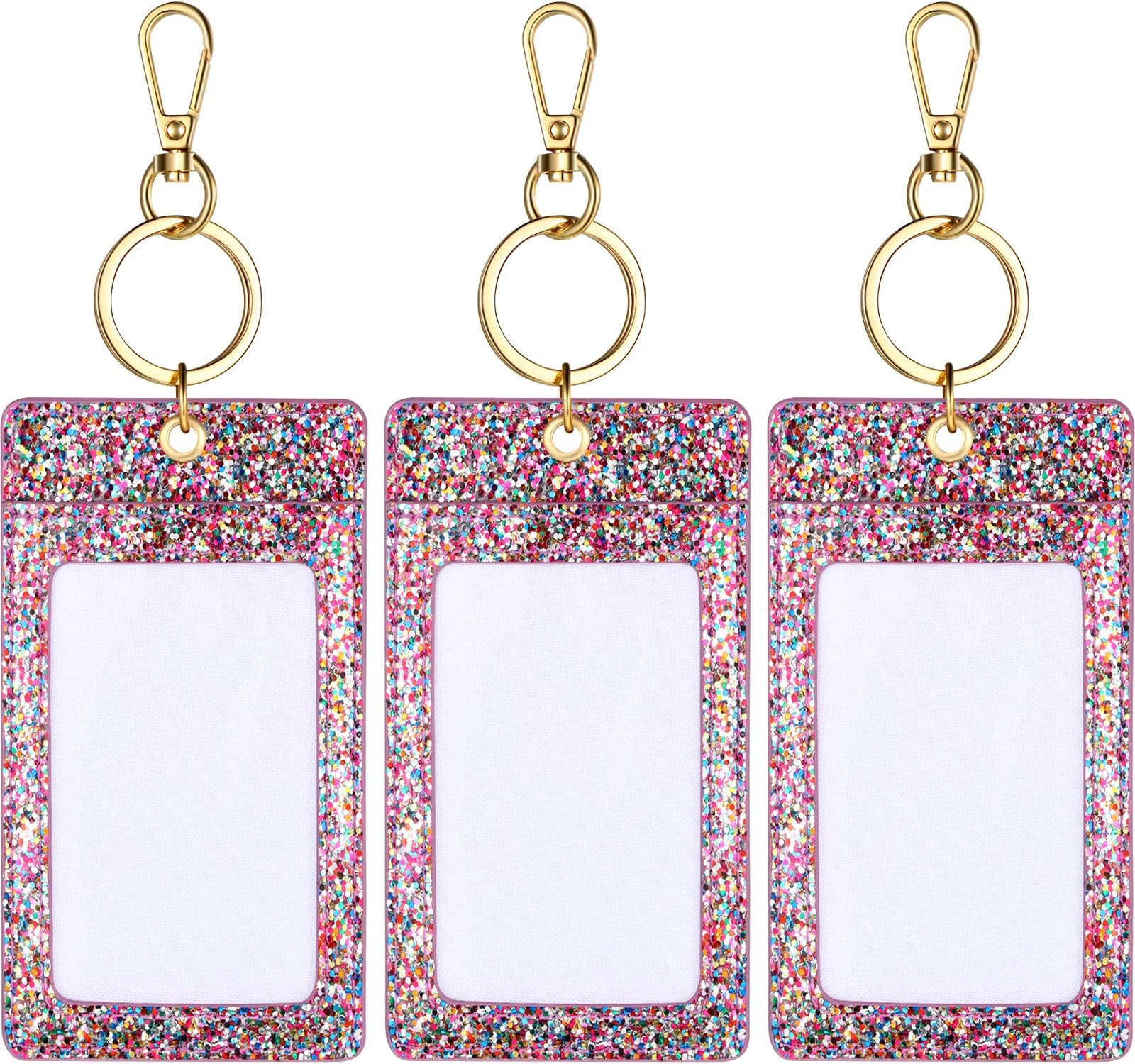 WeewoodayWeewooday 3 Pieces Glitter ID Badge Holder Bling ID Badge Clip Key Chain Glitter Leather Badge Holder with Key Ring for Women (Silver)