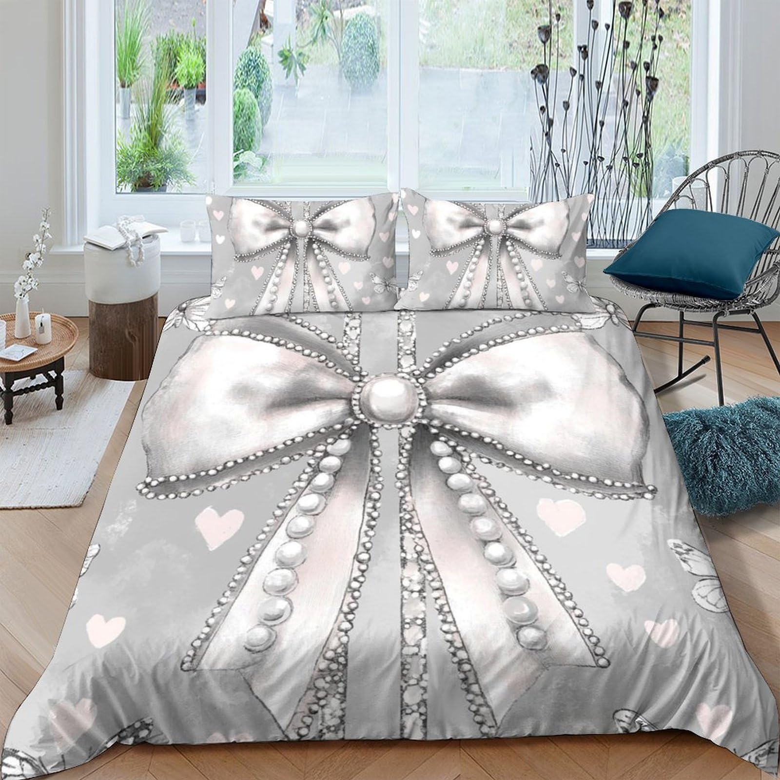 Ctjqhvkz Style-4 3D Printed Silver Bow Fitted Sheet Microfiber Soft Heart Pattern Mattress Cover For Bedroom Guest Room Decor Single（135X200cm）