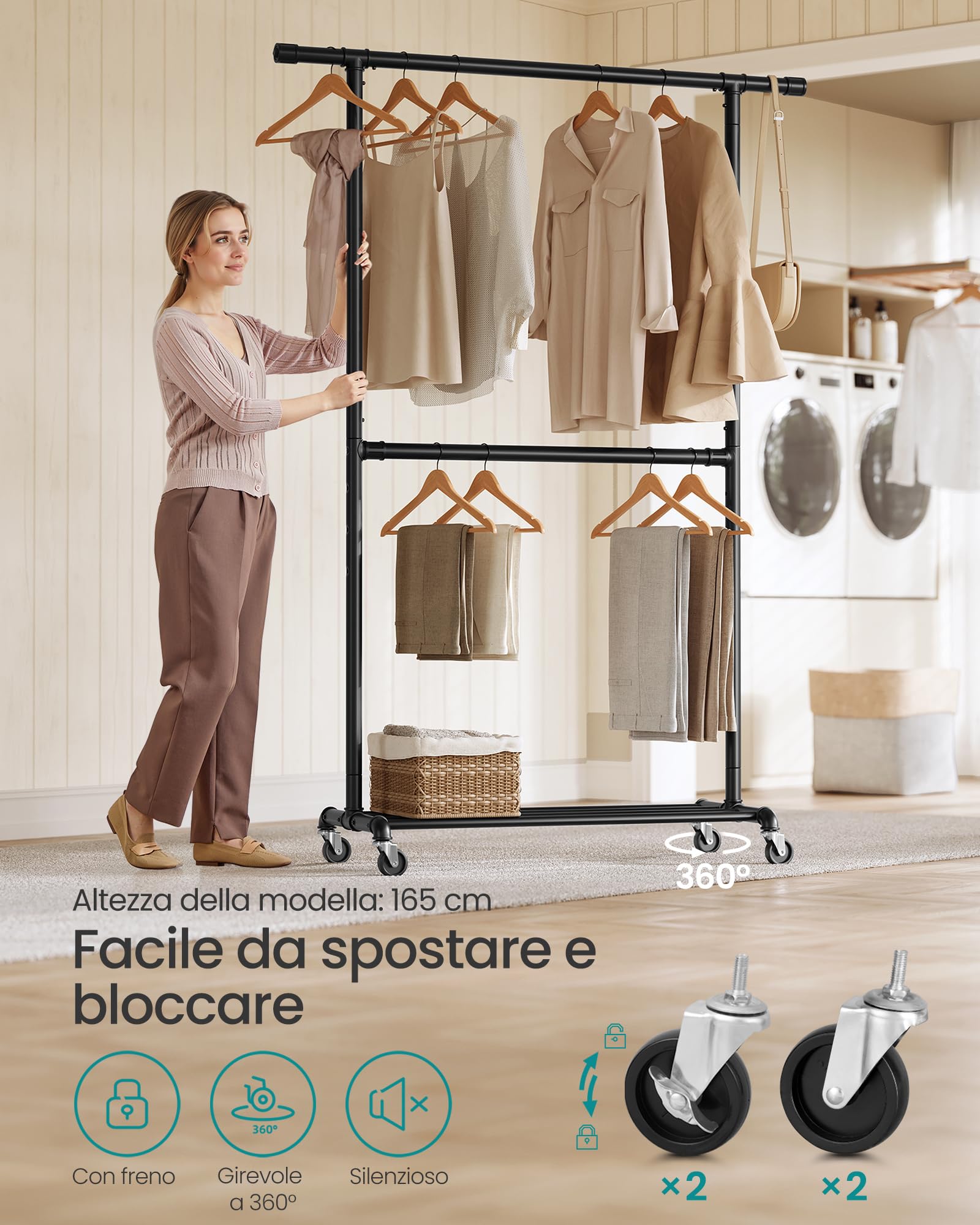 Appendiabiti con Ruote con Due Barre e ripiano Inferiore, Appendiabiti Resistente per Camera da Letto con Doppio ripiano, gruccia per Appendere Cappotti, gonne, Nero (Dimensioni: 130 cm