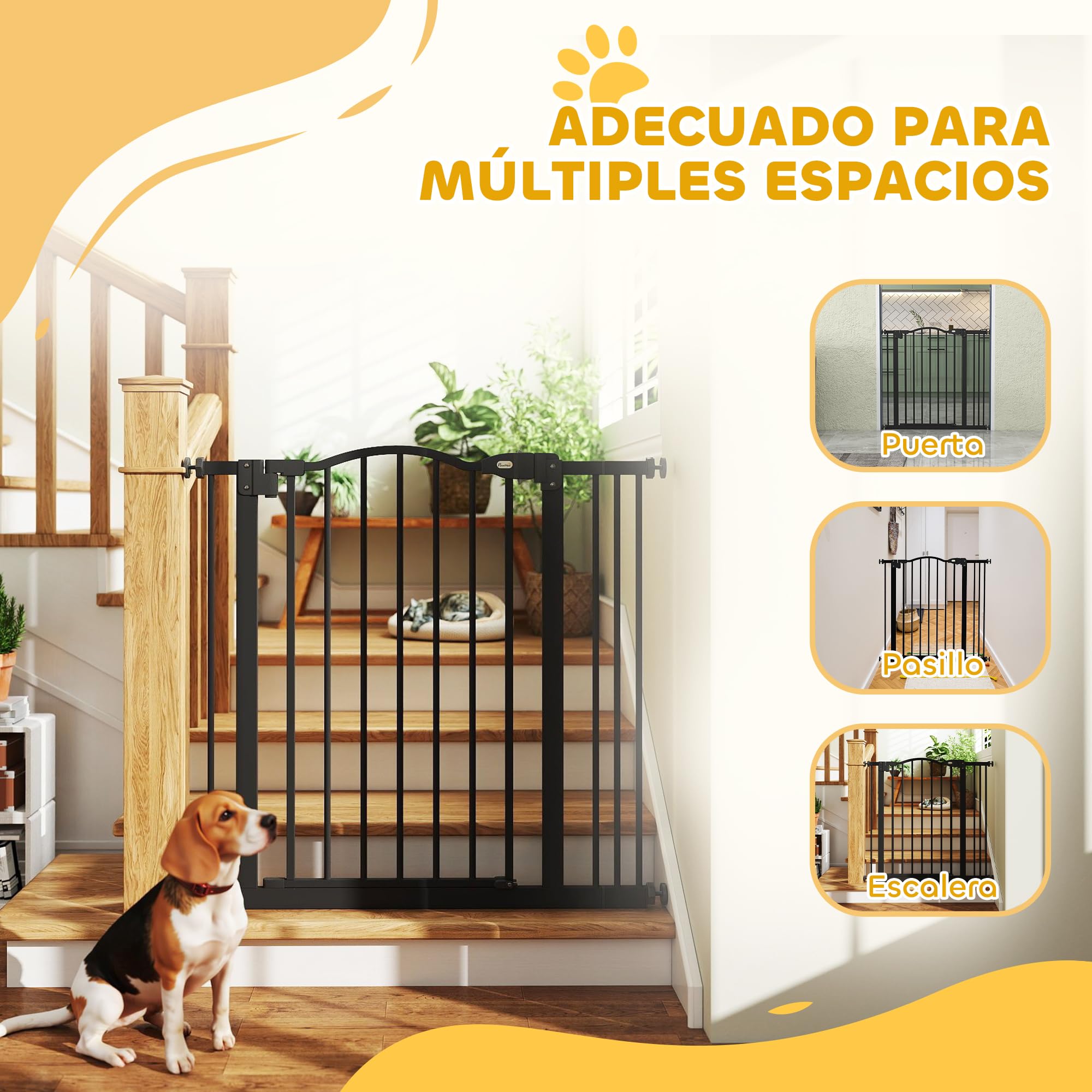 PawHut Barrera de Seguridad para Perros Extensible 74-87 cm, para Puertas y Escaleras, Barrera para Perros con Extensión 7 cm, Montaje a Presión y Doble Bloqueo, Negro