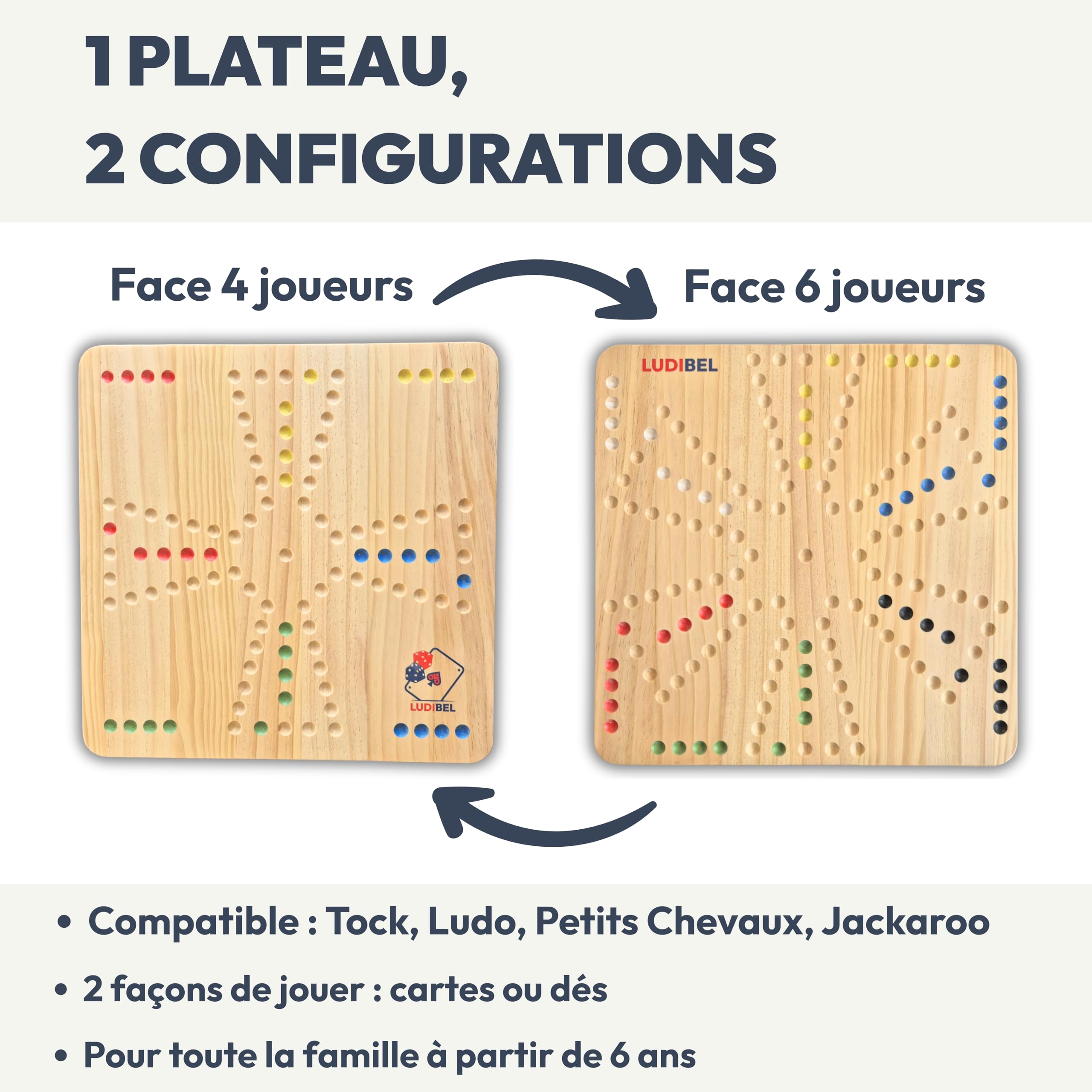 Jeu de Tock 4 ou 6 Joueurs réversible Plateau XL 40x40 cm Bois Massif Compatible Jackaroo Jeu de société Familial