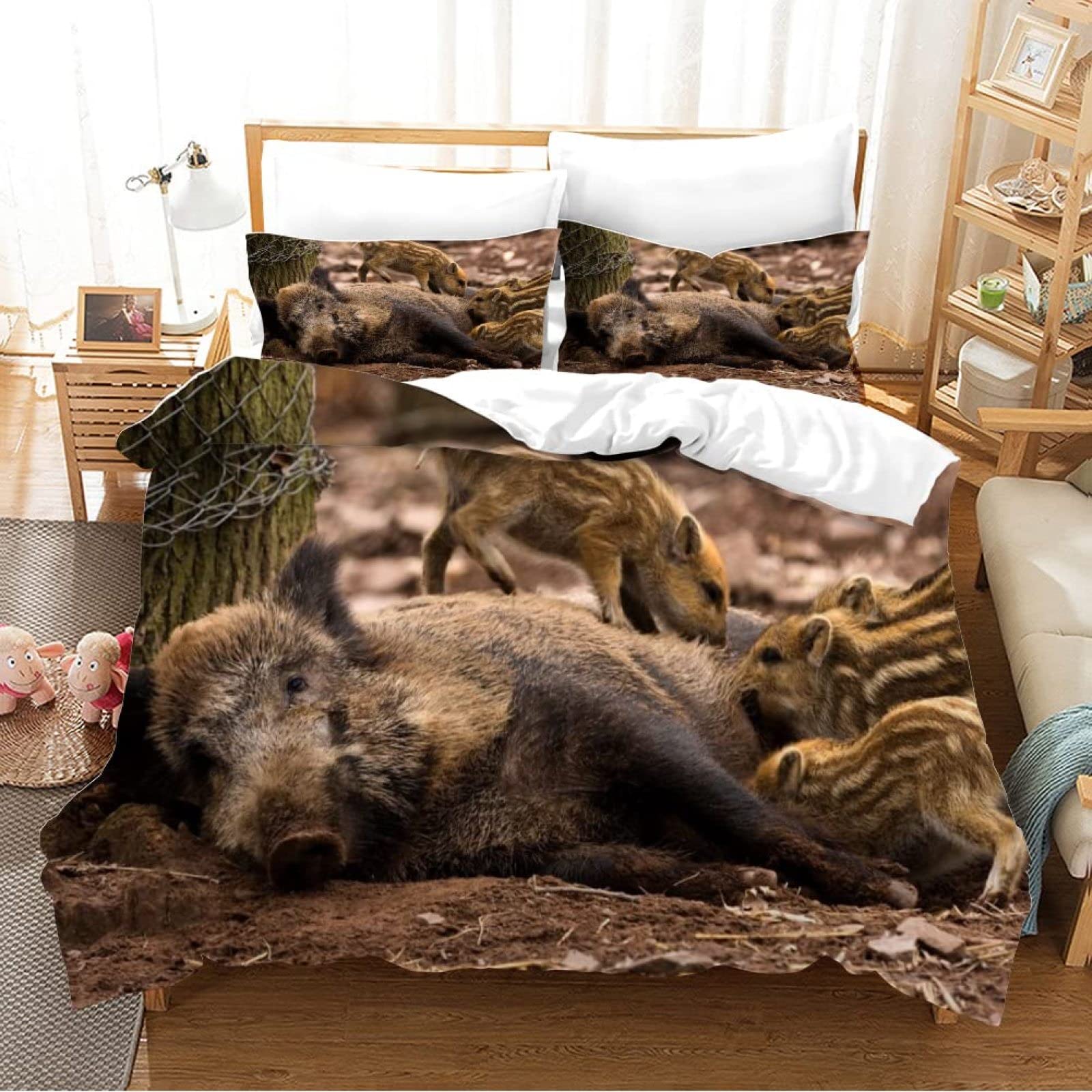Housse de Couette 220x240 Sanglier avec 2 Taies d'Oreiller en Microfibre pour Lit Adulte