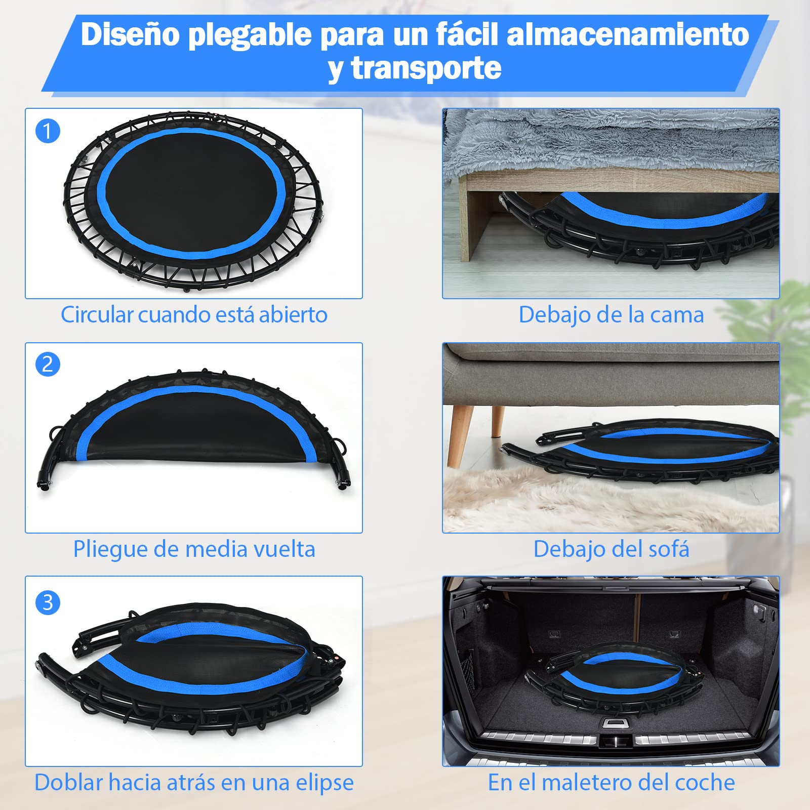 COSTWAY Cama Elástica Plegable 101 cm con 2 Bandas de Resistencia, Trampolín Elástico con Empuñadura Regulable, Cama Elástica Fitness de Interior y Exterior para Niños y Adultos