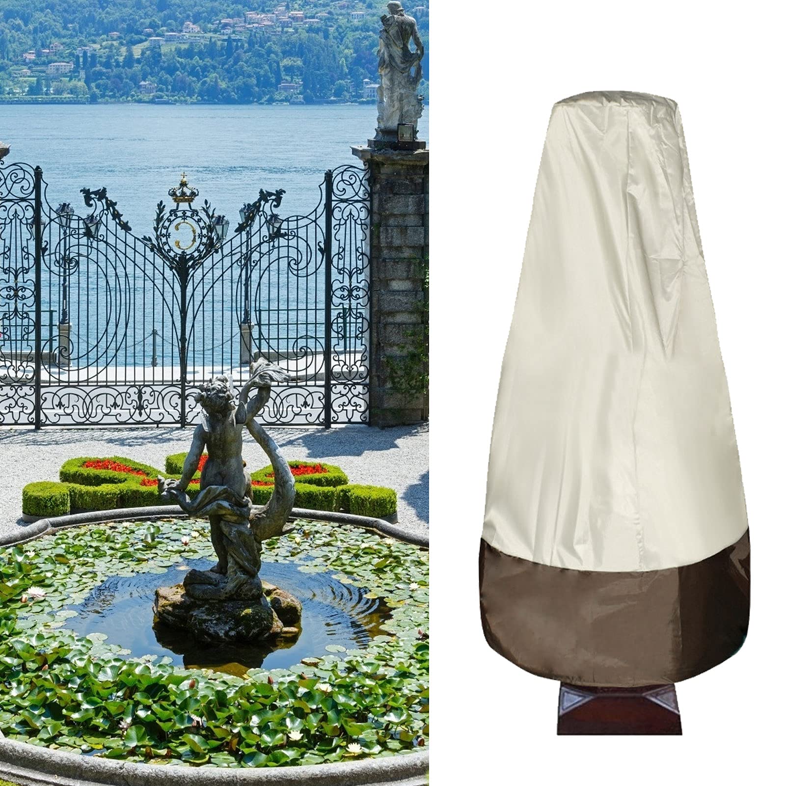 Natudeco Fountain Cover 68.1H x 48.0W Garden Fountain Statue Protective Covers 210D Silver Coated Oxford Cloth Fountain Protector Fountain Covers for Winter Outdoor Patio (Beige with Coffee Color)