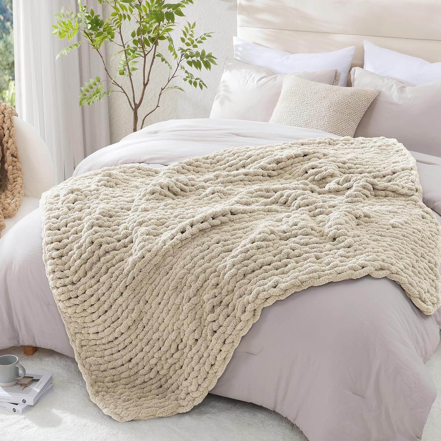 WRENSONGE Chunky Knit Blanket Throw Beige Large Soft Fluffy Cable Knit Crochet Throw 100% Hand Knitted Blanket for Couch Bed(50"x60") - Image 6