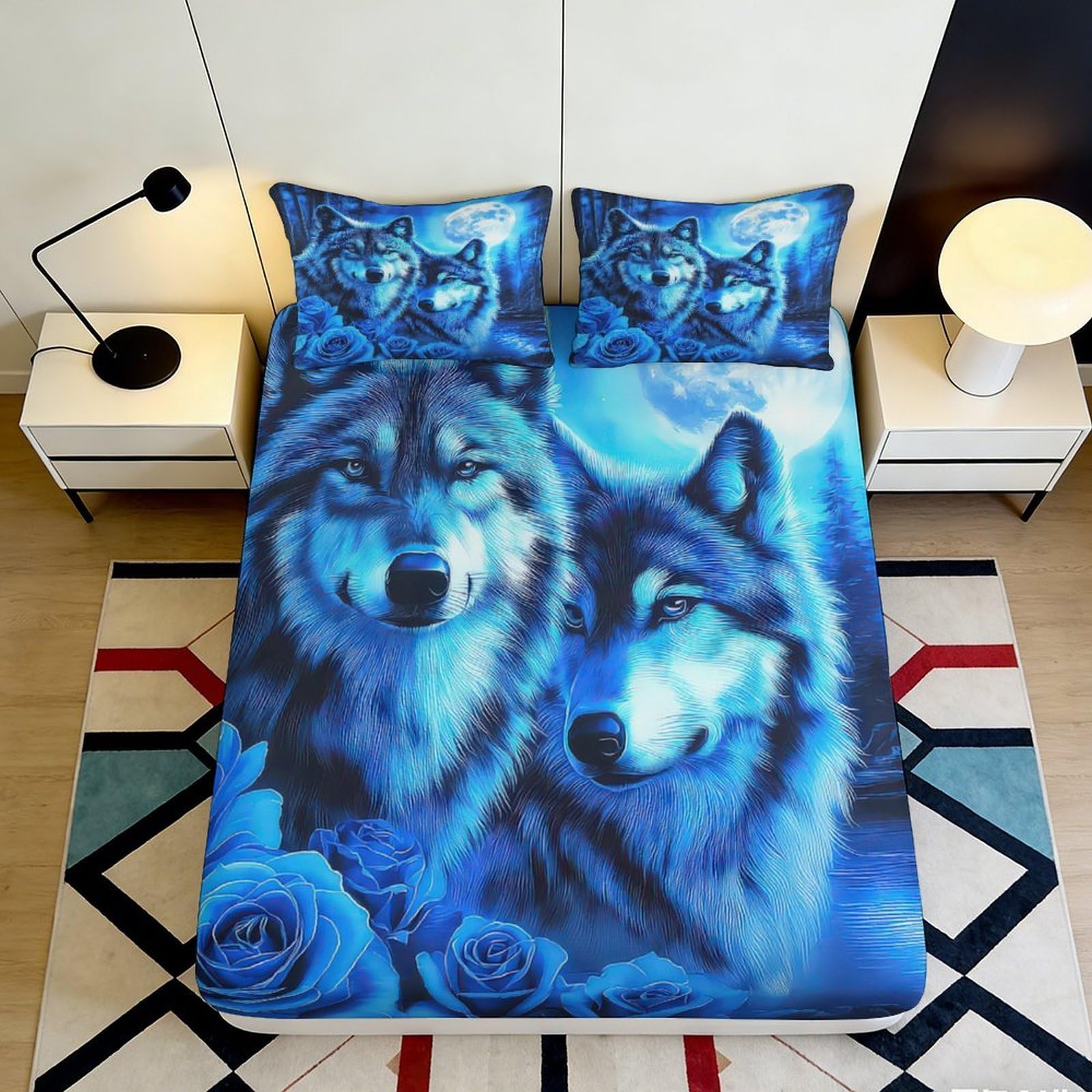 3D Printed wolf Fitted Sheet, blue animal pattern, Microfiber soft touch, anti-slip, easy care, bed cover for home or guest room, apartment bedding, wrinkle resistant, 140x200x25cm