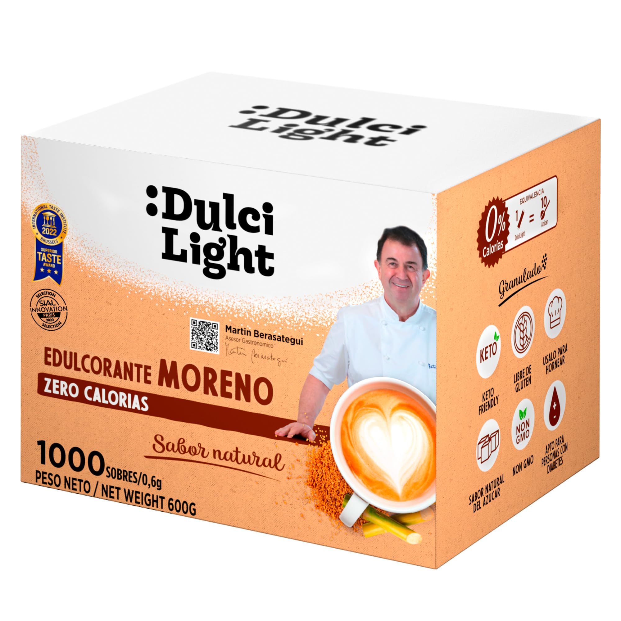 Dulcilight Édulcorant Roux Zero Calorie 1000 Buchettes 1g=10g de Sucre Brun Substitut de Sucre de Canne Muscovado Granulé aux Fibres 100% Saveur Naturelle No OGM Keto Sans Gluten Végétalien