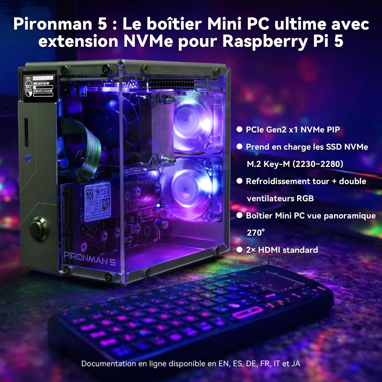 Pironman 5 boîtier Mini PC NVMe M.2 SSD PCIe 2.0/3.0 pour Raspberry Pi 5 Hailo-8L, agent IA OpenClaw, refroidissement tour + double ventilateurs RGB, module OLED 0,96", arrêt sécurisé, HDMI, effet RGB