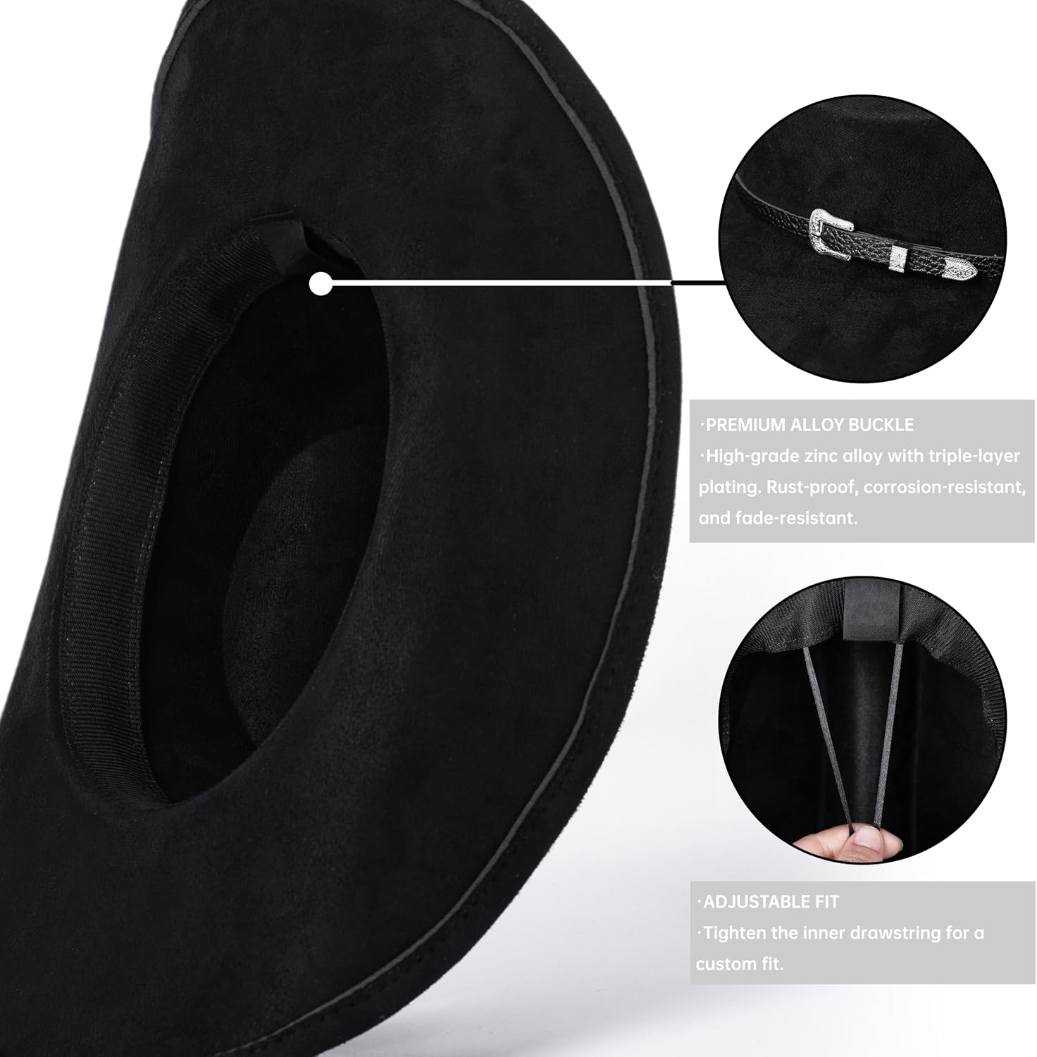 Western Cowboy Hat for Men & Women – Wide Brim Fedora with Buckle Belt, Black, for Horse Riding, Gardening & Outdoors