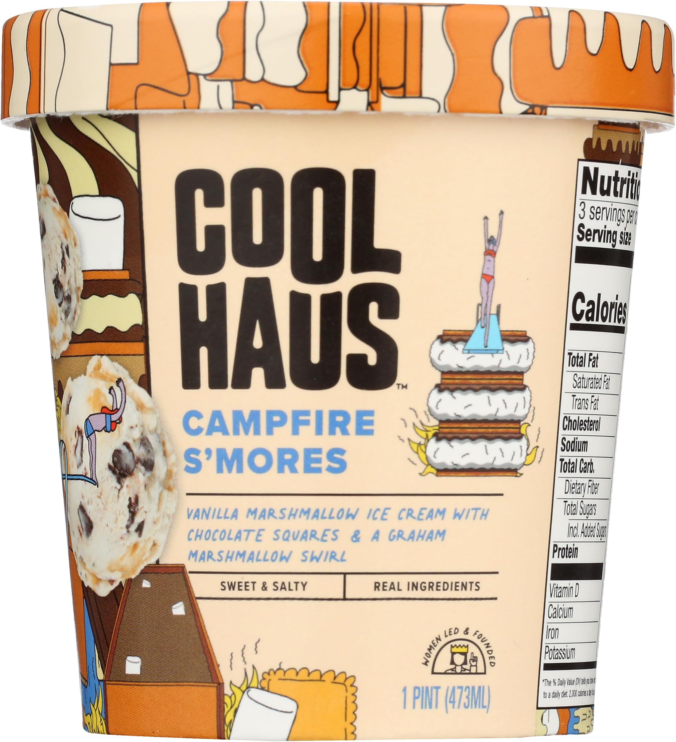 Coolhaus Campfire S'Mores Ice Cream, 1 Pint (473 mL), Vanilla Marshmallow Ice Cream with Chocolate Squares and a Graham Marshmallow Swirl (Frozen)