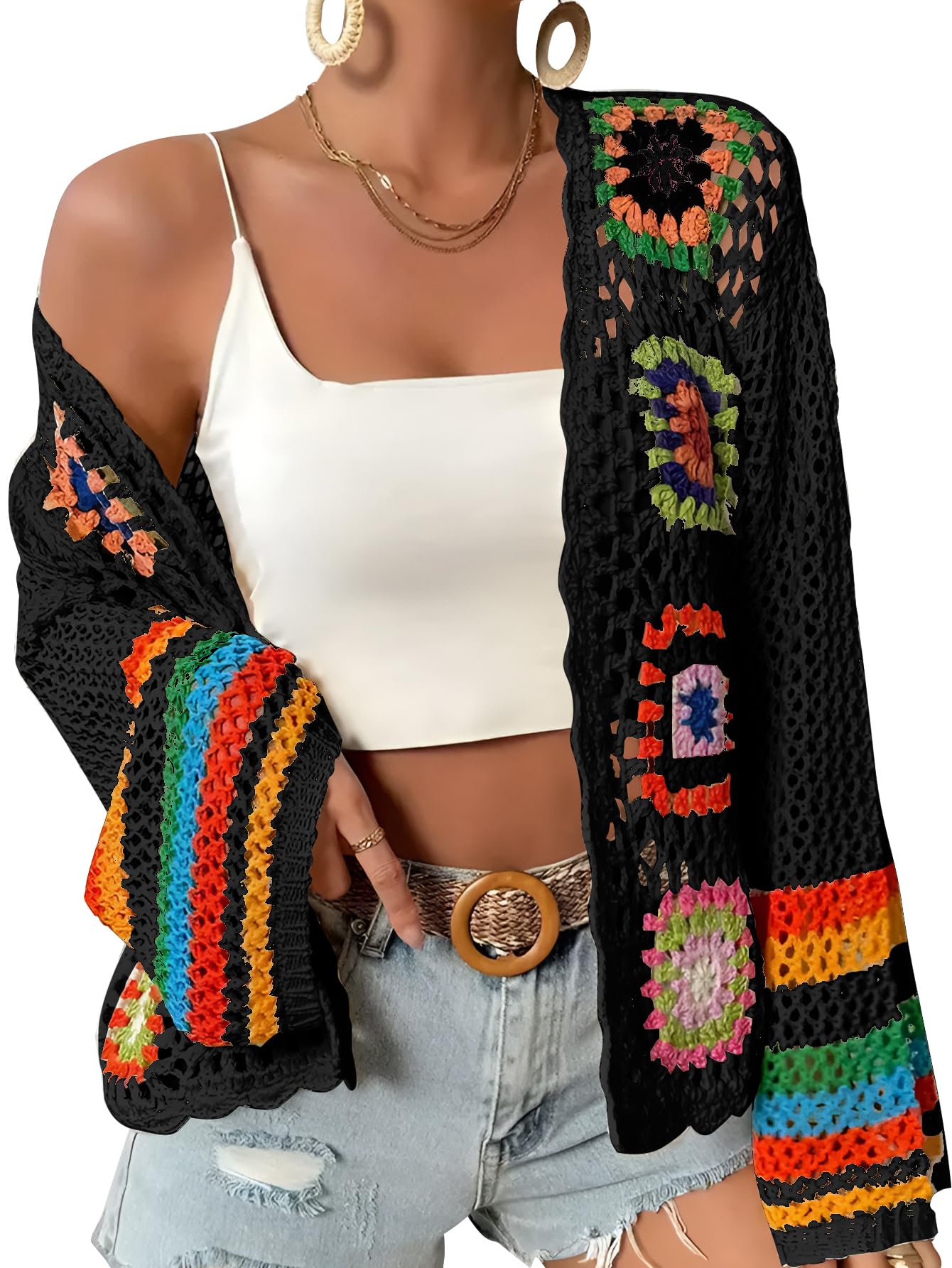 Womens Floral Crochet Cardigan Boho Hollow Out Sweater Cardigan