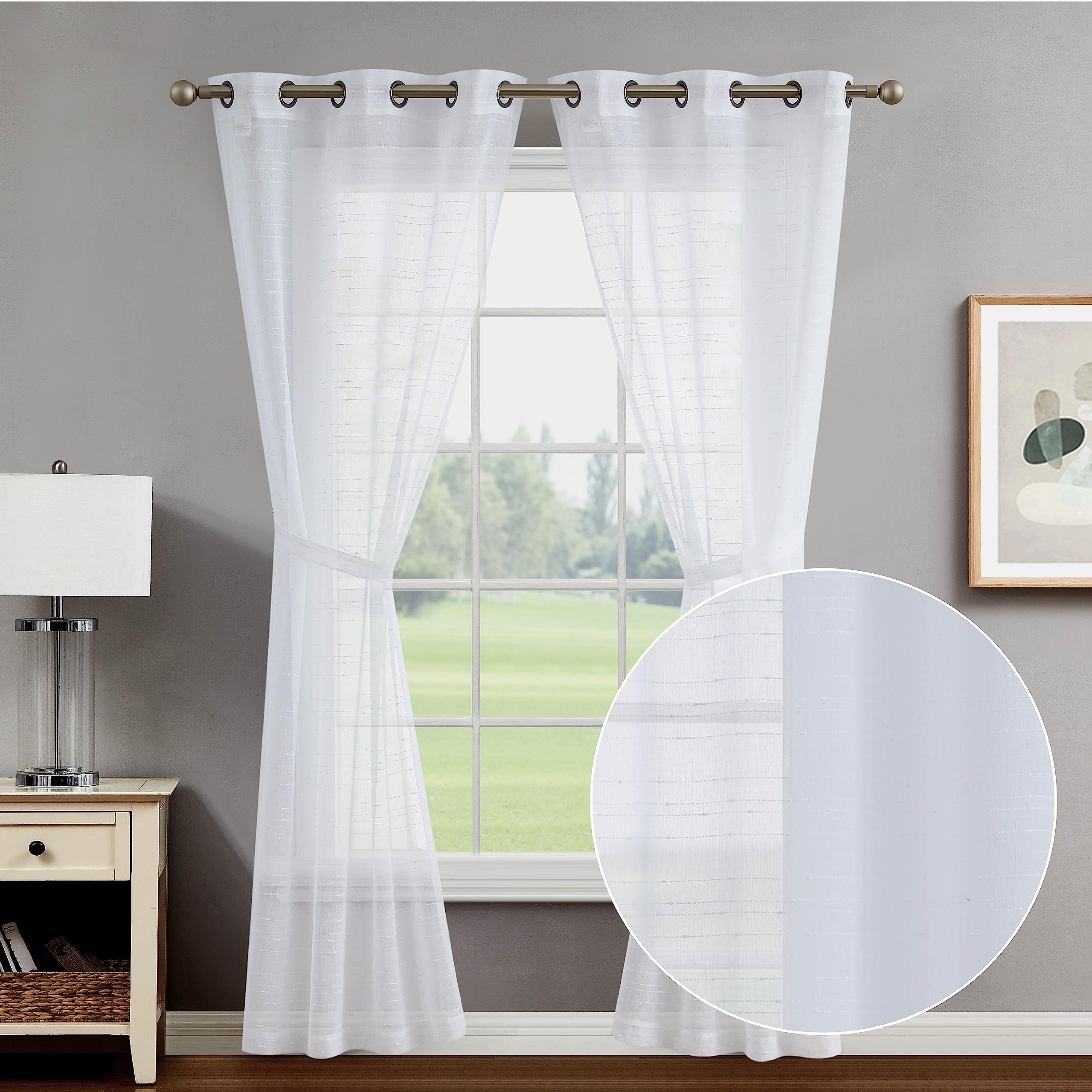 Creative Home Ideas Rosemary 38" x 84" Sheer Curtain | Light Filtering Window Drapes | Grommet Header | Set of 2 Panels with 2 Tiebacks | White