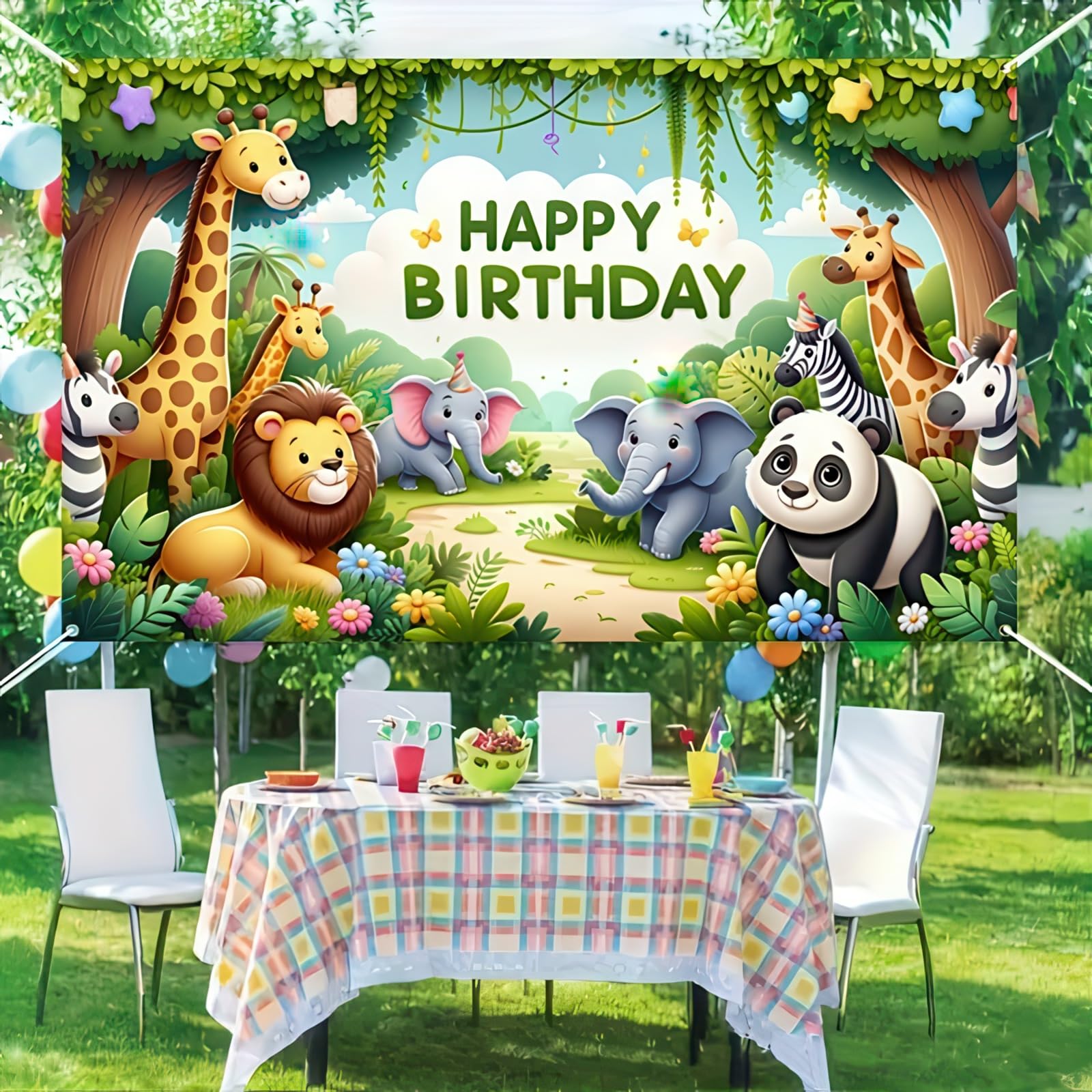 HOMETITUTE Jungle Picnic Polyester Birthday Banner 71x43 Inch Decor | Polyester, Animal Friend Theme, Happy birthday backdrop for Yard, Picnic.