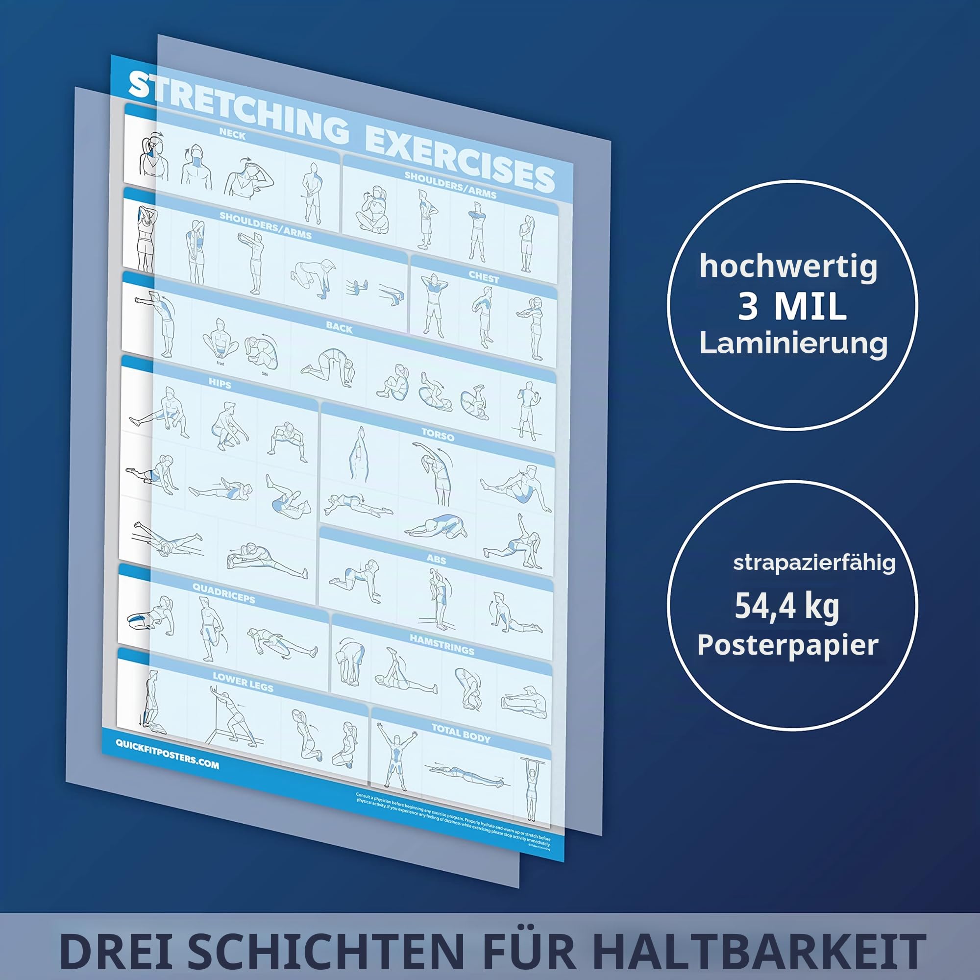 QUICKFIT 3er-Pack – Yoga-Posen + Dehnübungen + Pilates-Matte Arbeitsposter-Set – Set mit 3 Workout-Diagrammen (laminiert, 45,7 x 68,6 cm)
