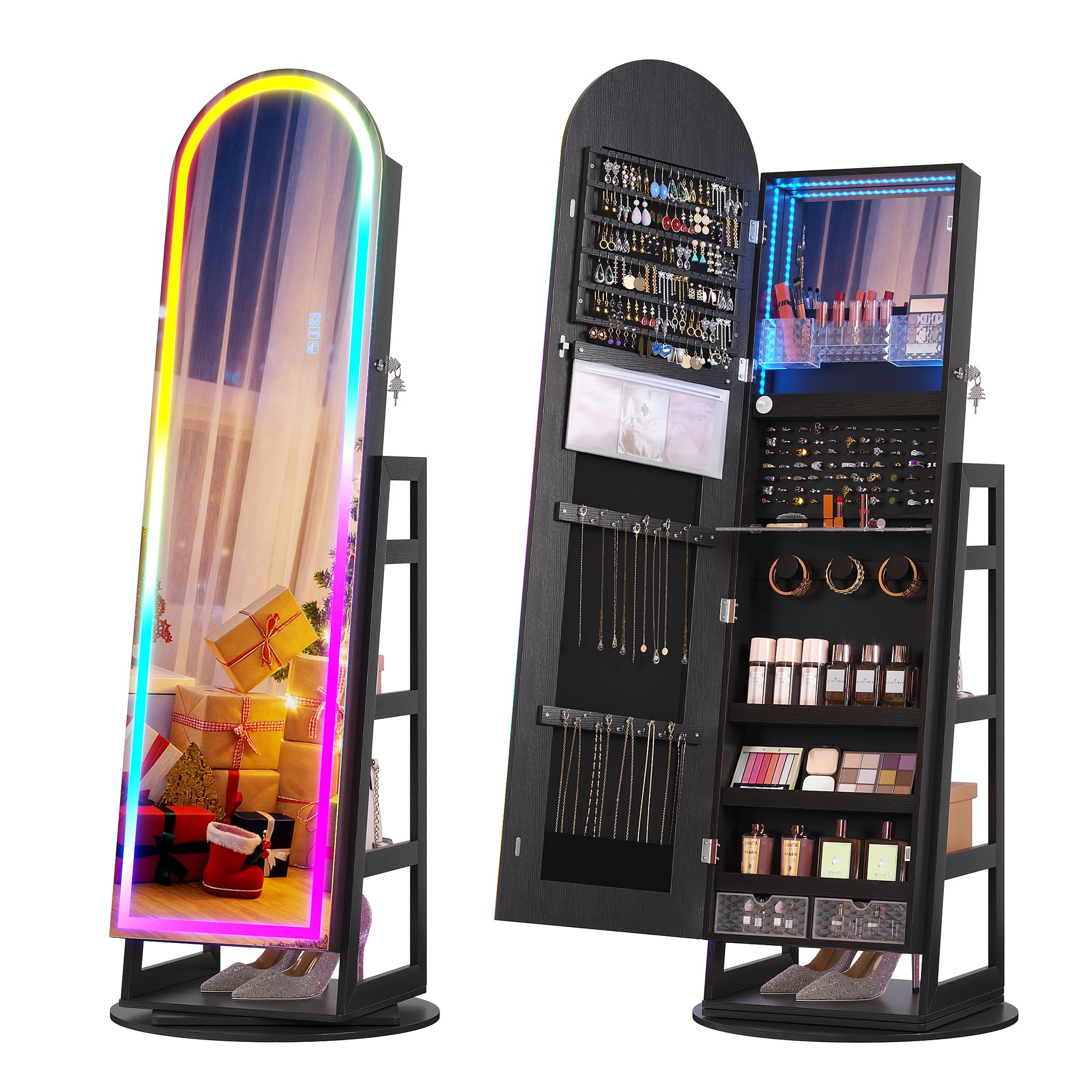 HWB Mirror Jewelry Cabinet Standing with RGB Lights &amp; Storage Shelves