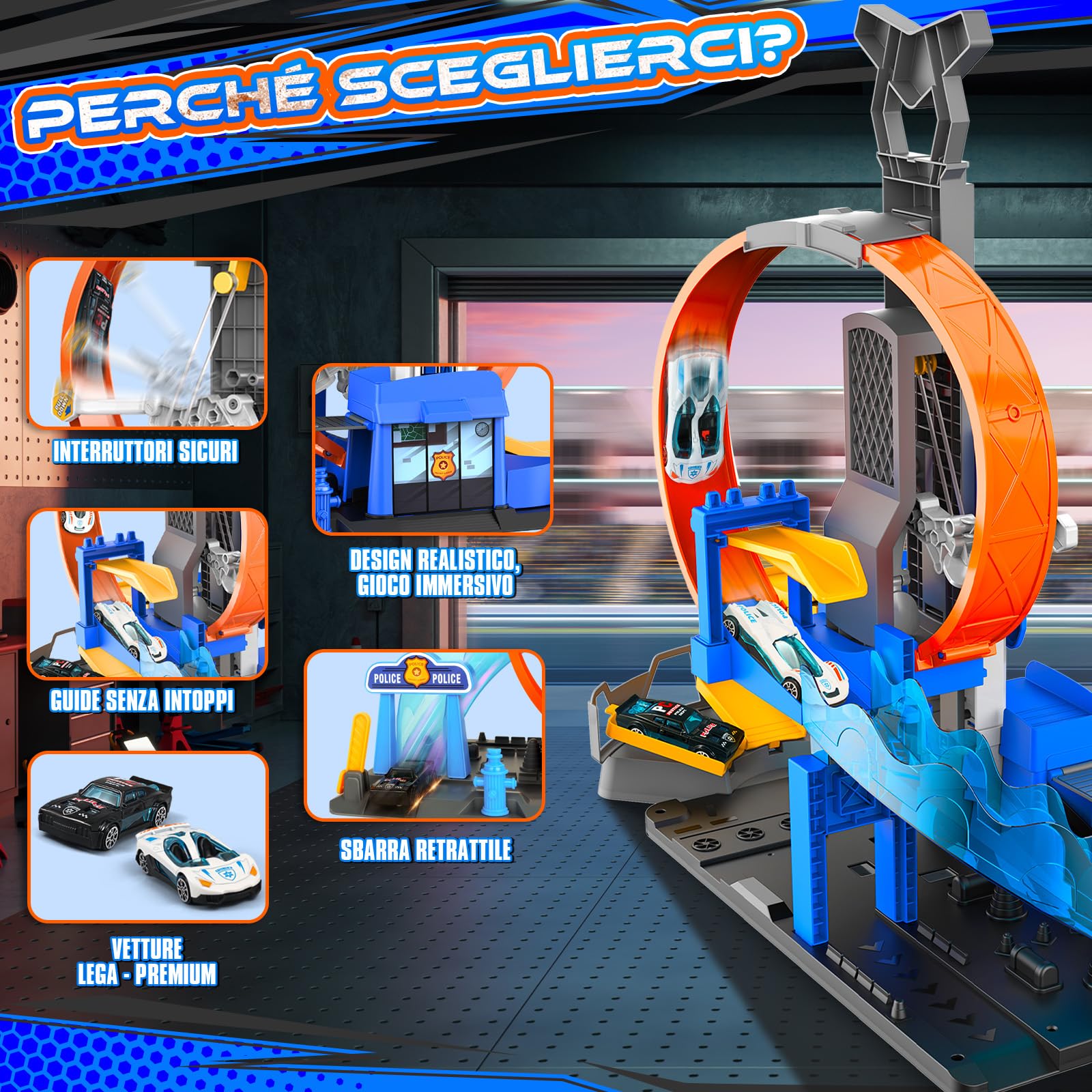 Charmofun City Commissariato di Polizia con Super Loop, Set Pista per Macchinine con 4 Macchinine, 3 Parcheggi, Piste con Ascensore e Luci e Suoni, Circuito a Lancio Giocattolo per Bambini dai 4 Anni