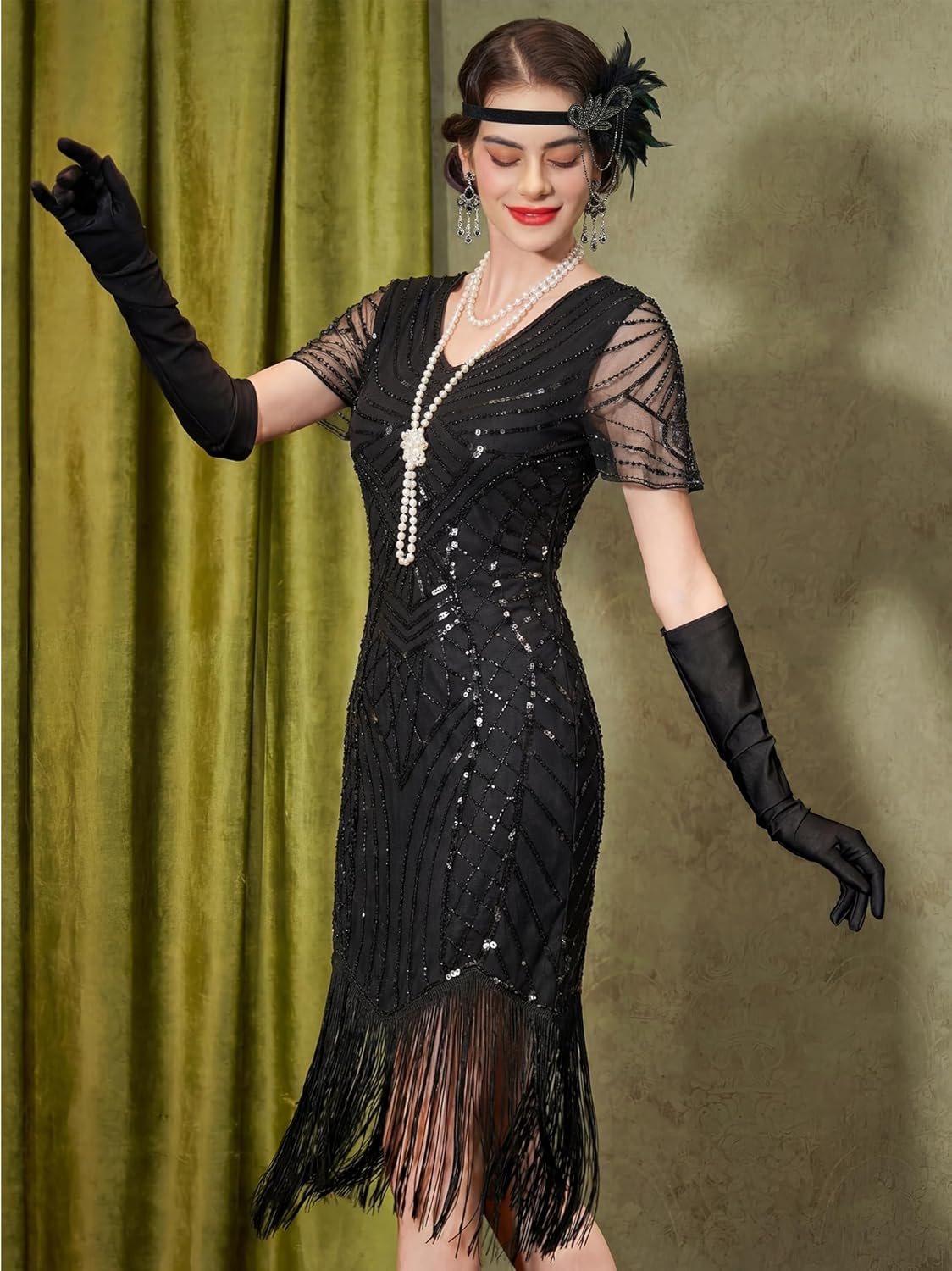 YESSA 1920s Flapper Dresses for Women,Beaded Fringe Great Gatsby Dresses for Women Roaring 20s Costume Harlem Nights Outfits