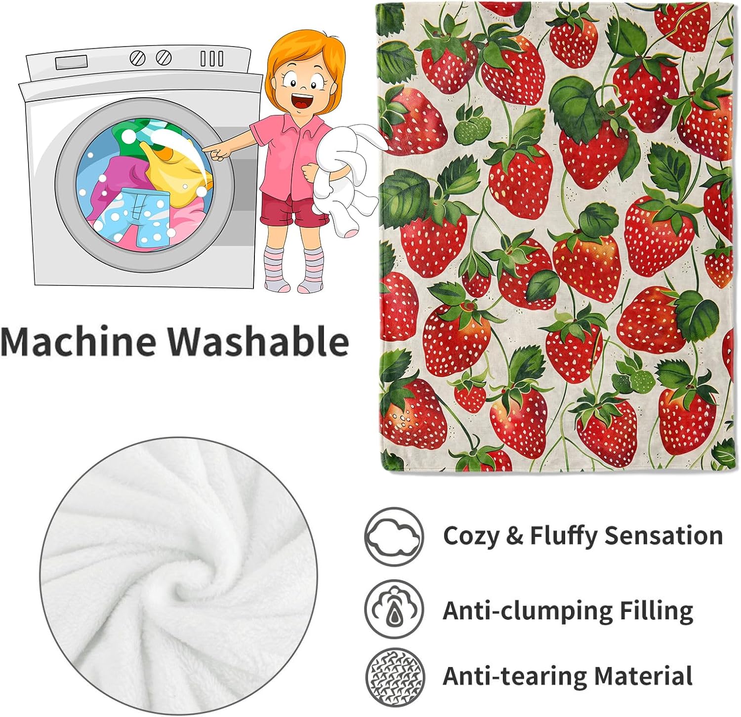 Strawberry Blanket Lush Red Strawberries Throw Blankets with Green Leaves,Birthday Gifts for Kids Adult Women,Lightweight Soft Fleece,for Sofa Couch Bed Room Farmhouse Decor 50x60in - Image 4