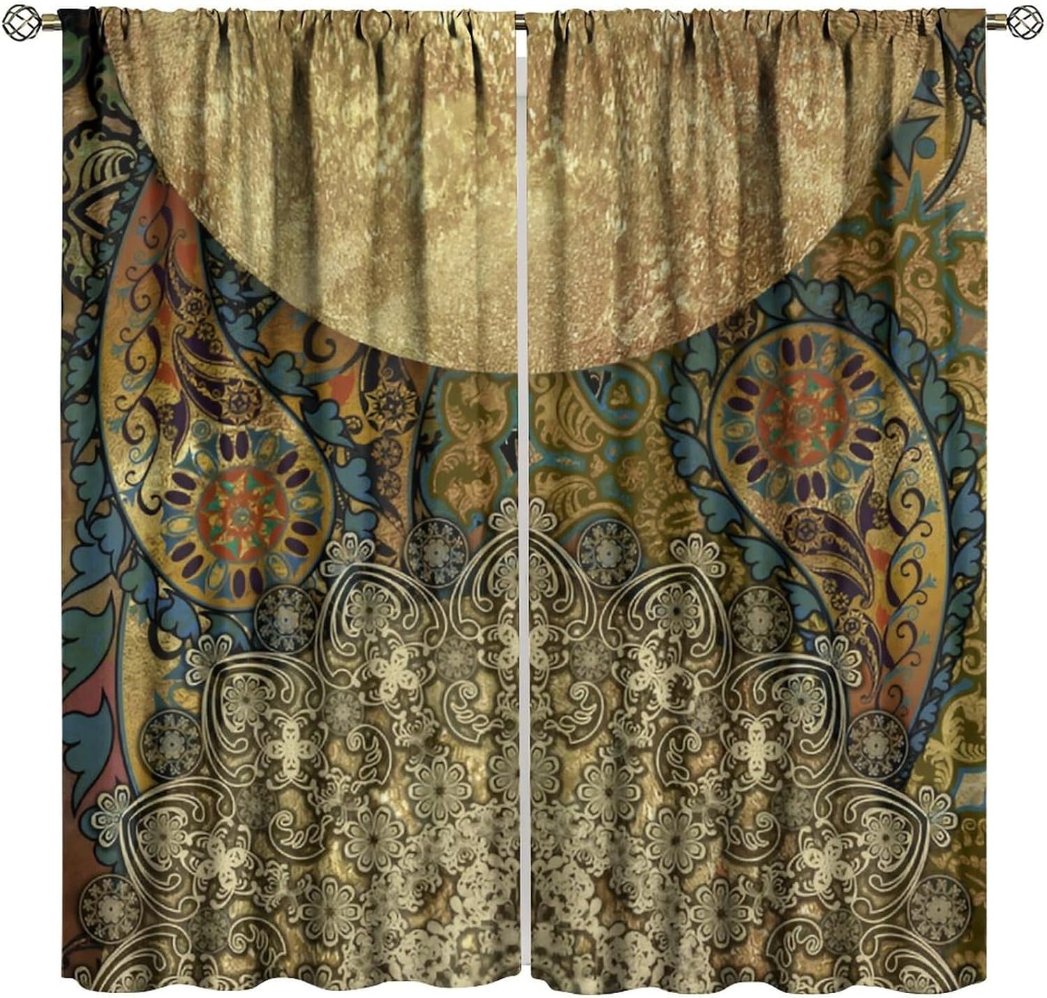 Colorful Mandala Boho Flower Curtains, Abstract Geometry Bohemian Mandala Floral Print for Room Window Decor, Rod Pocket Blackout Drapes for Living Room Bedroom Kitchen 2 Panel Set 21"W X 54"L