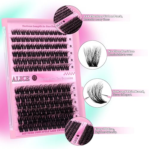 Miniatura 8 de ALICE Kit de extensiones de pestañas esponjosas, pestañas en racimo de volumen de 0.315 a 0.78 pulgadas, rizo D, pestañas individuales, kit de