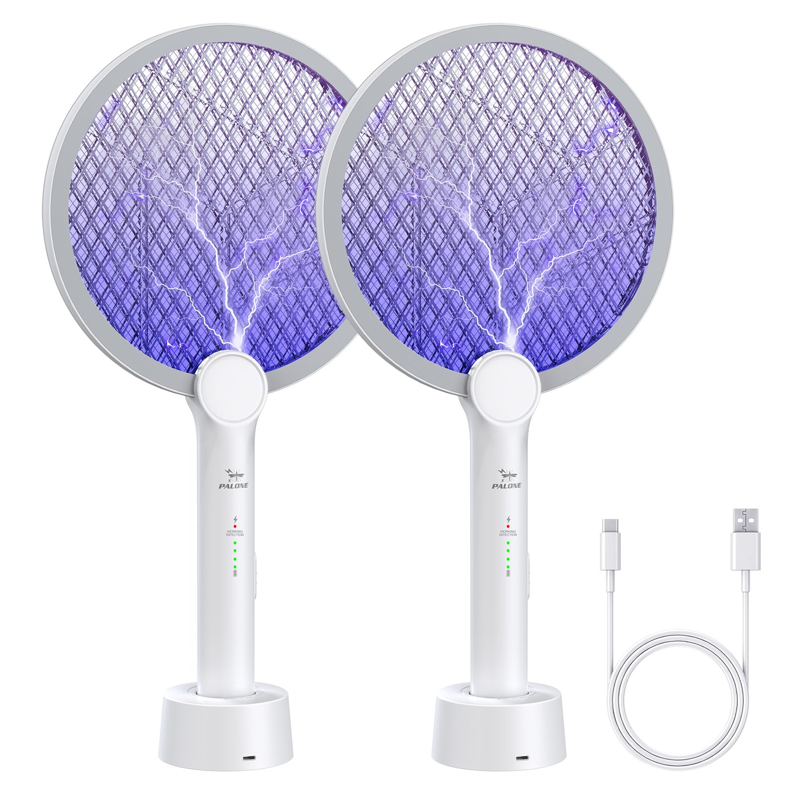 PALONE 4000V Bug Zapper Racket, Electric Fly Swatter, 2 in 1 Indoor Outdoor Mosquito Killer, Effective Mosquito Fly Killer, USB-C Fly Zapper Rechargeable for Pest Insect Control (2 pack)