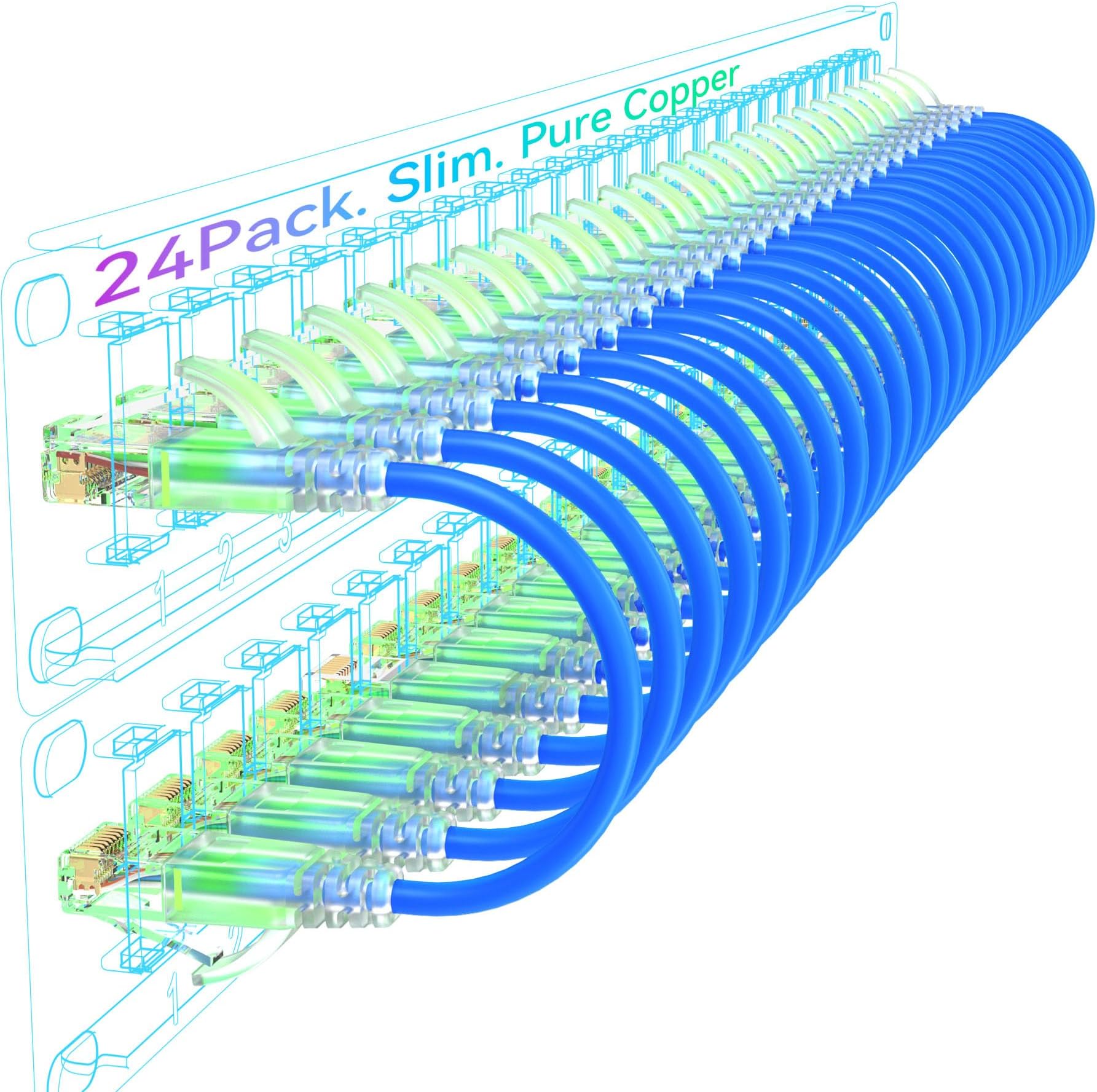 Cat6a Slim Ethernet Cable 1ft (24 Pack), Flexible 10G 550MHZ, 28AWG Pure Copper for Network Cabinet, Cat 6 Blue