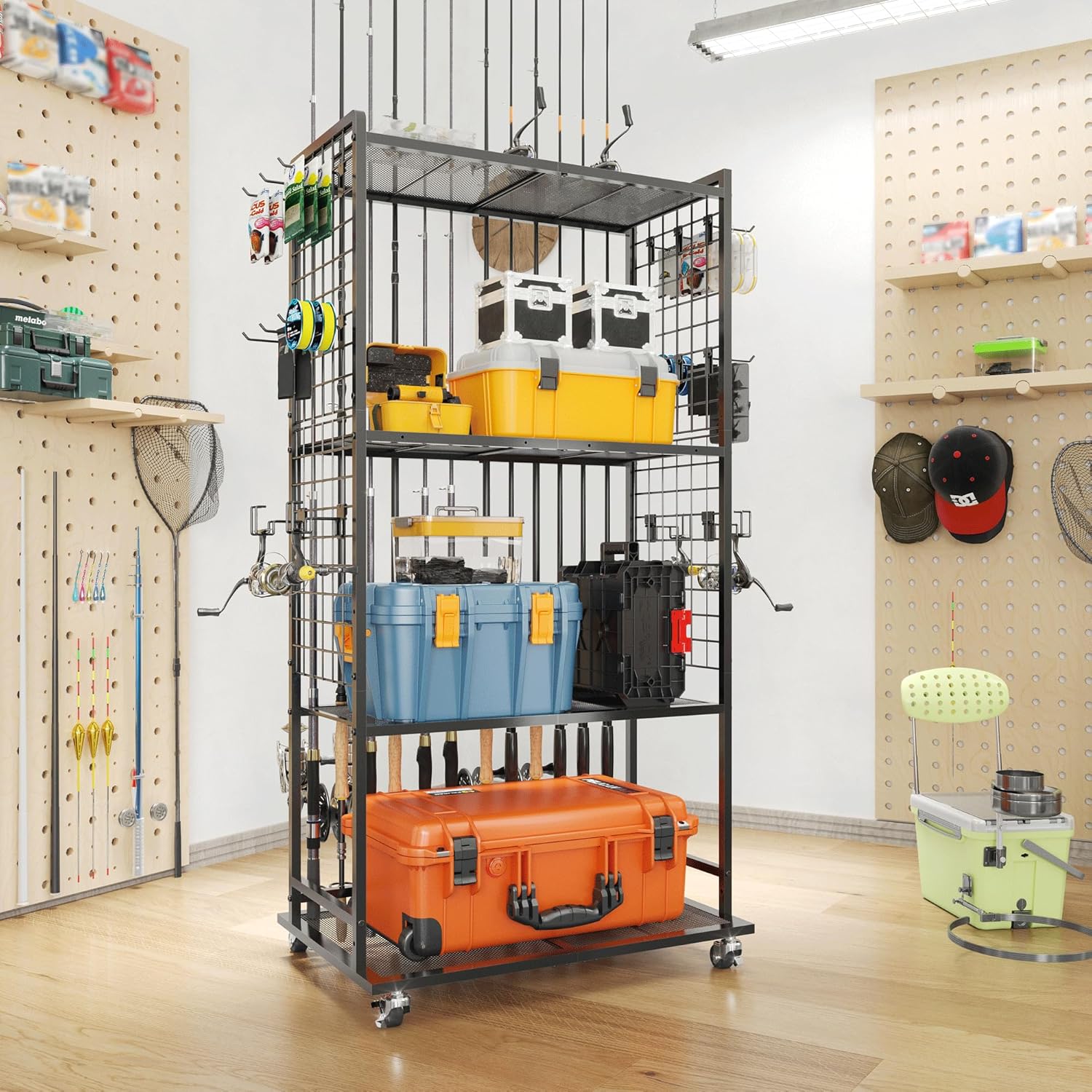 SOYEEZE Fishing Rod Holders for Garage, 4 Tier Adjustable Fishing Pole Holders Up to 12 Rods, Fishing Rod Rack with Lockable Wheels for Large Tackle Box Storage and Fishing Equipment Organization