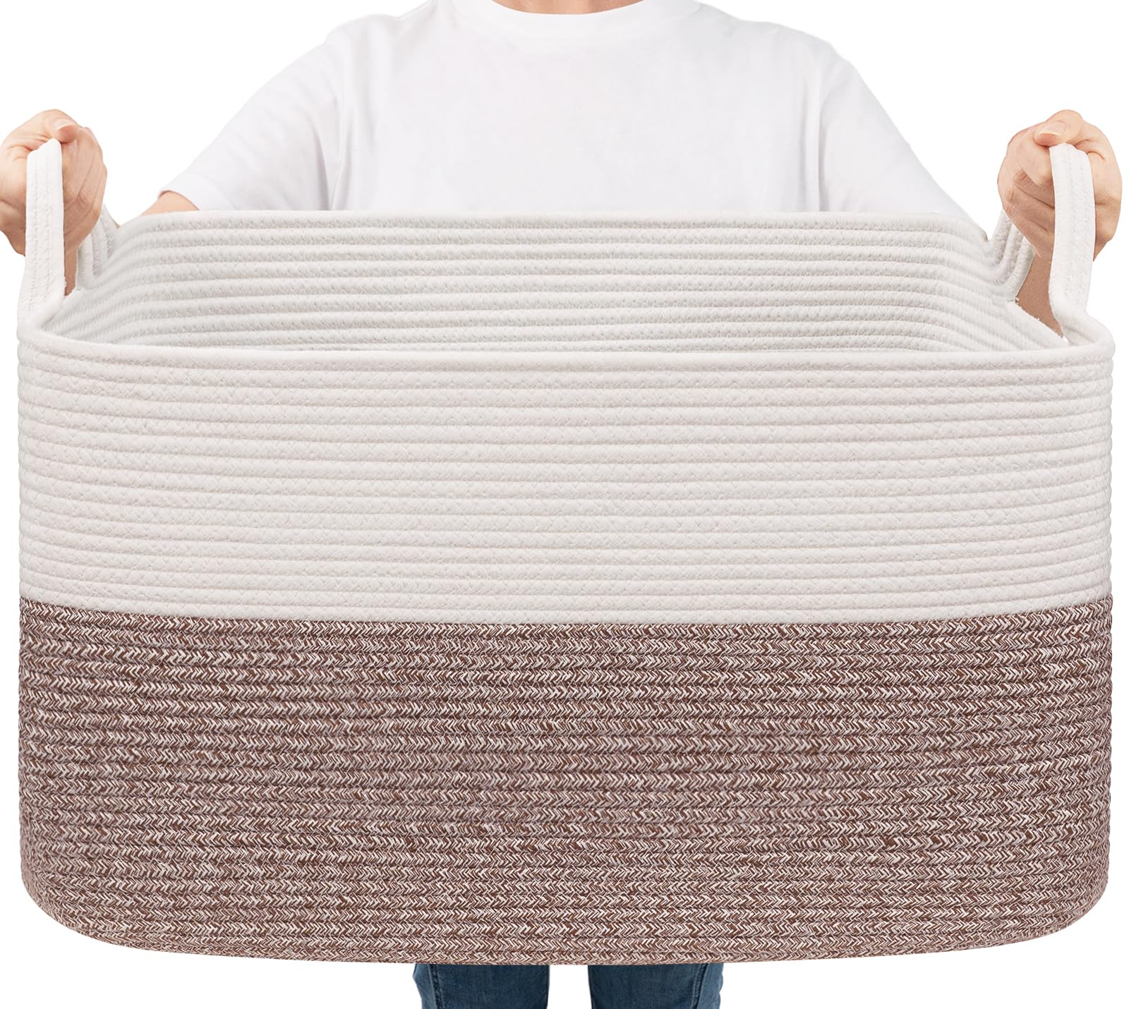 Goodpick Large Woven Rope Blanket Basket, Rectangle, White &amp; Brown | 21.6'' x 14.9'' x 11.8'' Storage Basket for Blankets &amp; Toys, Living Room, Bedroom &amp; Nursery Organization, Reinforced Handles