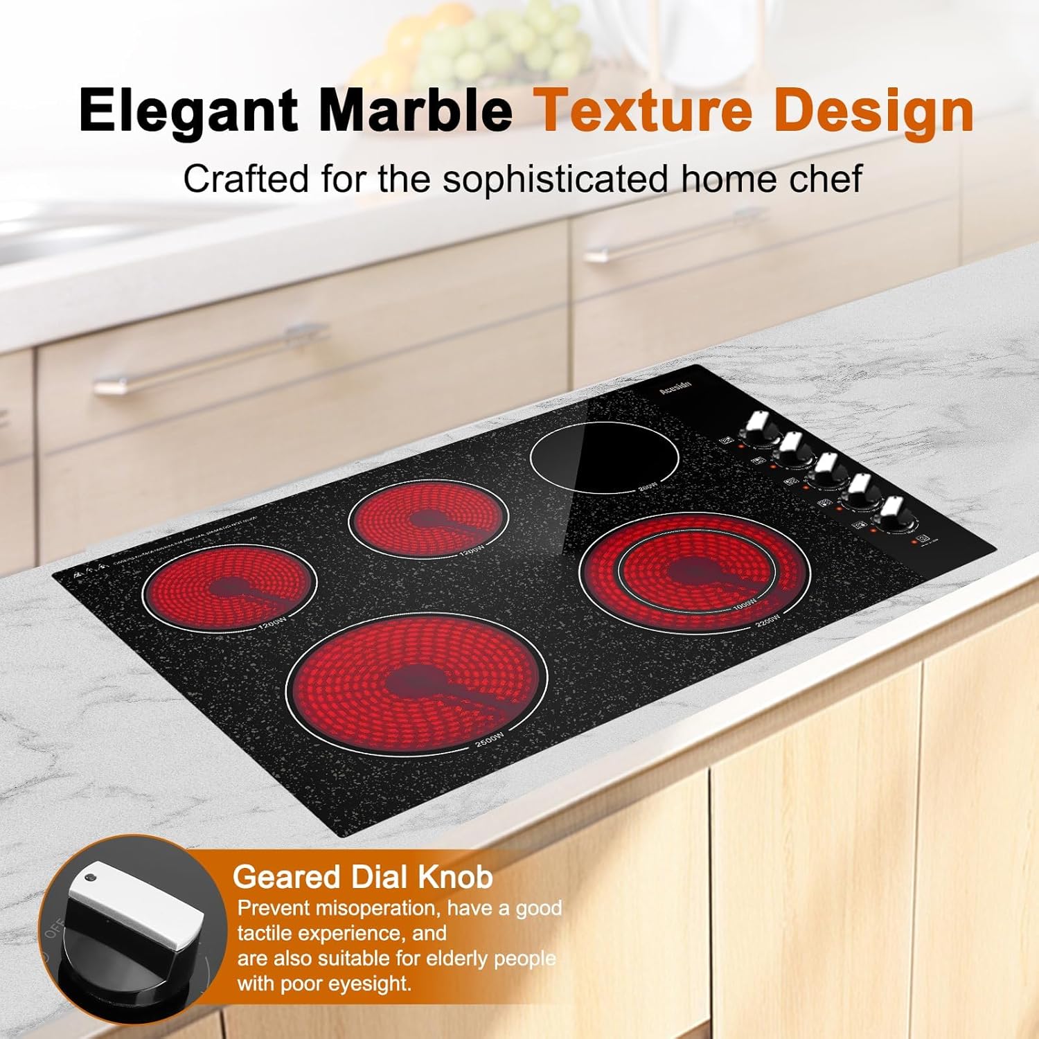 30 Inch Electric Cooktop 5 Burners, Built-in Electric Stove Top with 11 Power Levels, Knob Control, Keep Warm Function, Child Safety Lock, Hot Surface Indicator, 7300W, 220-240V for Hard Wire, No Plug