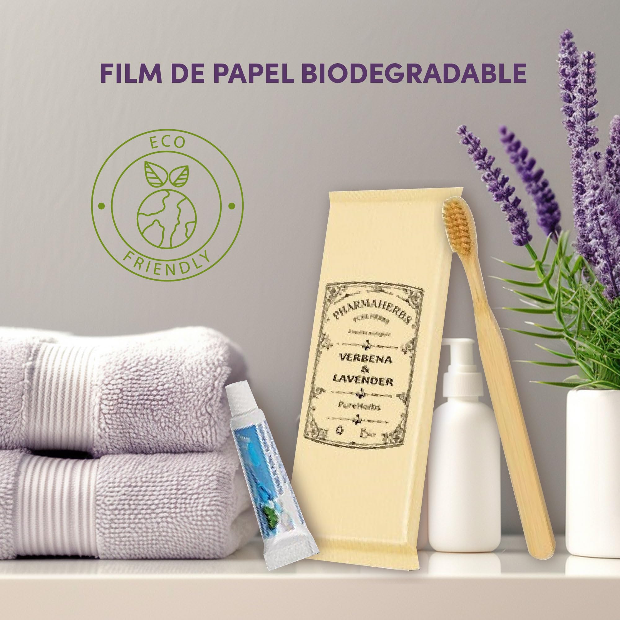 Pack de 100 Kits Dentales de Bambú con Cepillo de Cerdas Suaves Bio y Tubo de Pasta Dental - Ecológico y Sostenible, Ideal para Hoteles y Viajes