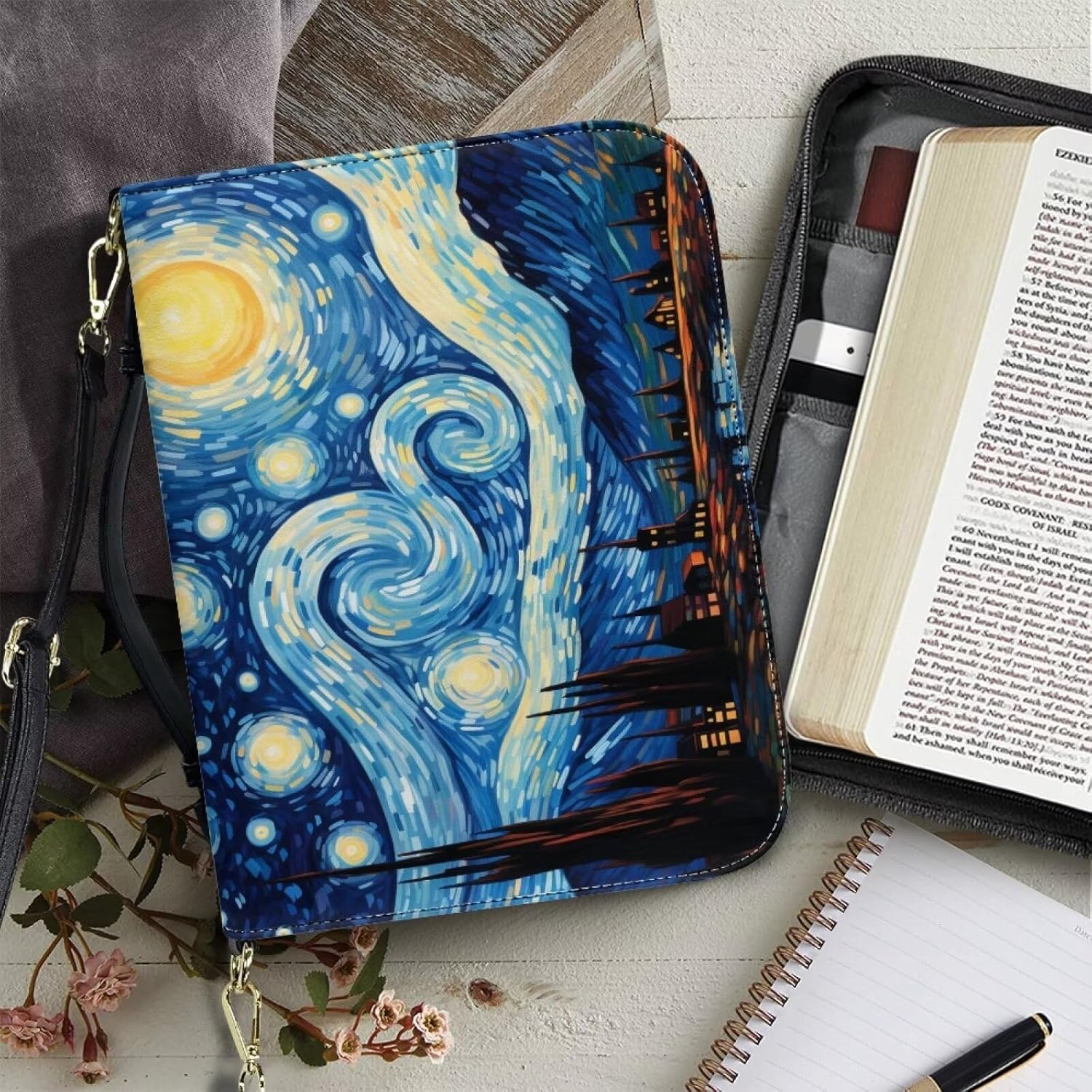 Starry Night Bible Bags and Totes for Women Leather with Bookmark and Book Fixing Straps Fits for Standard Size Bible,8.2 * 5.3 in Crossbody Bags Custom Christian Gifts for Women