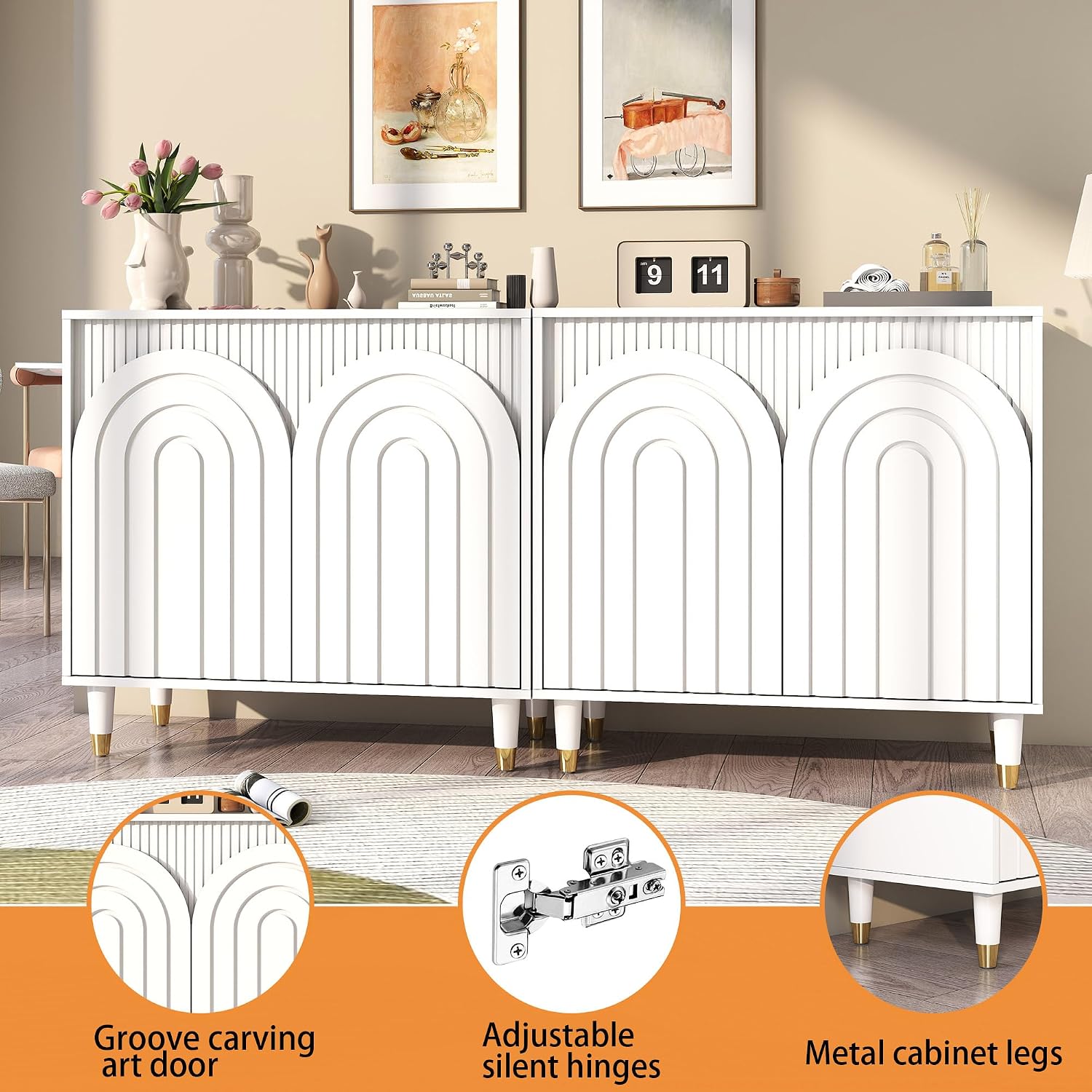 White 4 Doors Buffet Cabinet: 63" Fluted Sideboards and Buffets with Storage, Modern Wood Accent Cabinet with Storage, Small Storages Cabinets for Living Room (2, White)